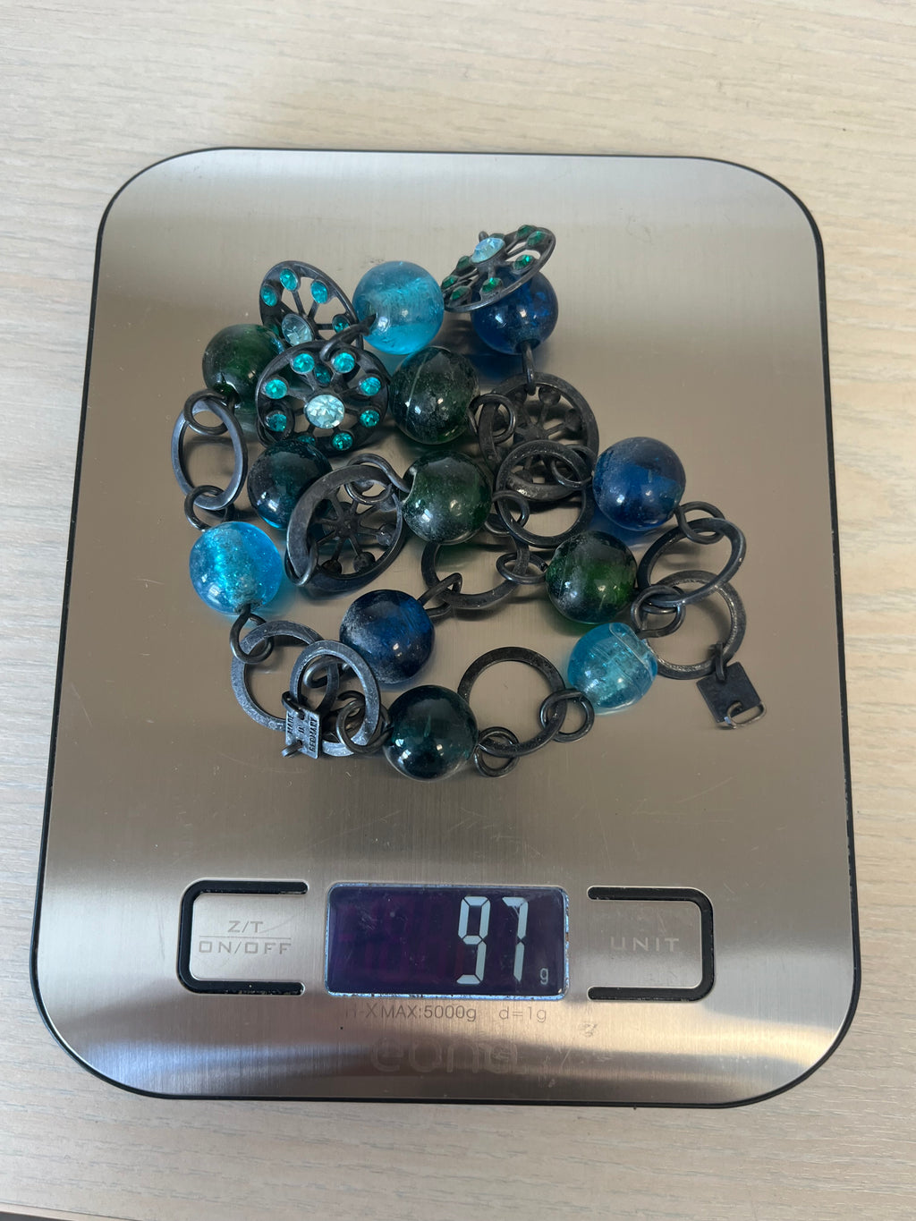 Konplott Beaded Kette Gunmetal Messing Blau Grün Glas 60cm Guter Zustand