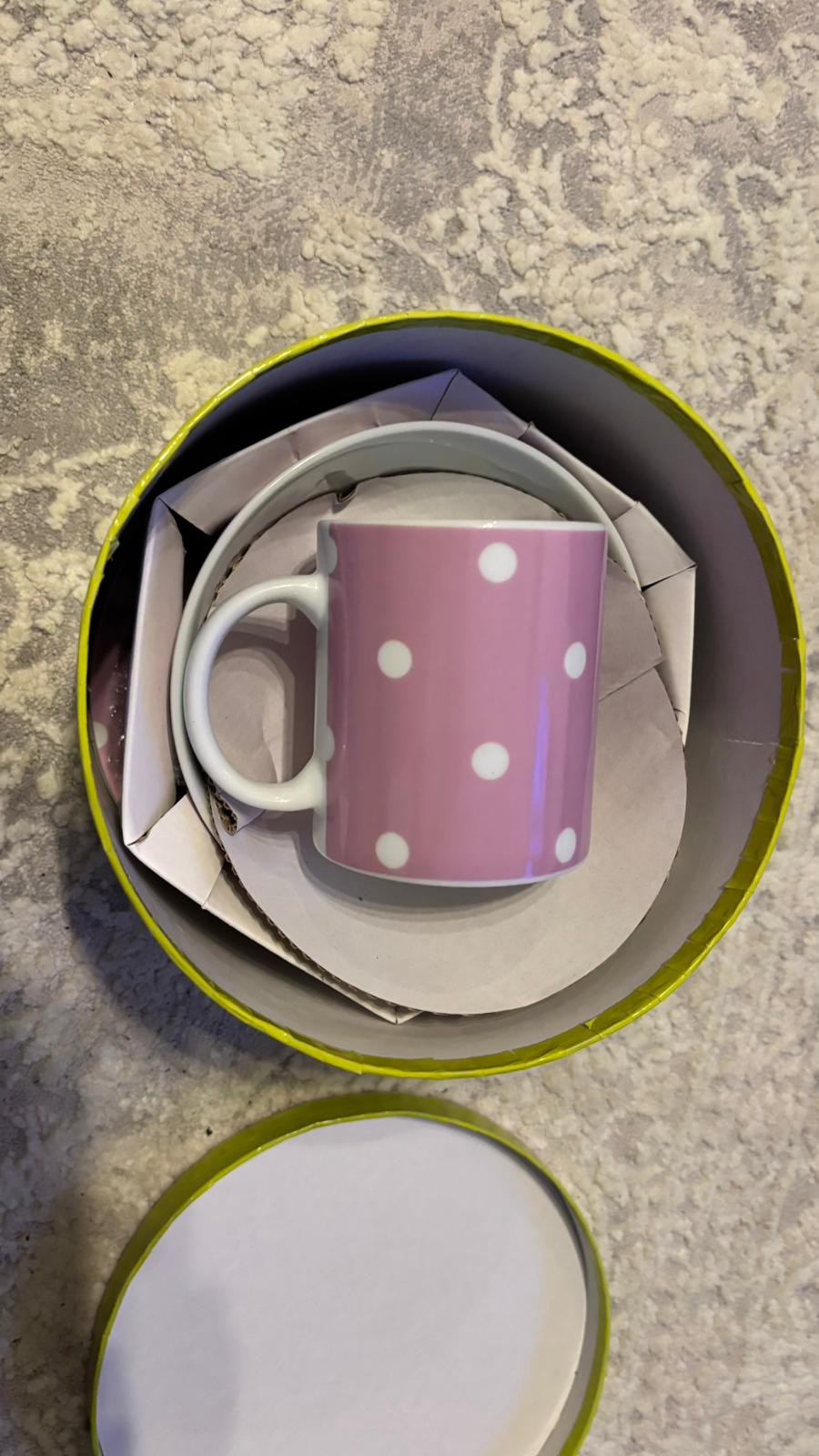 3-teiliges Frühstücksset, Pink mit weißen Punkten, wie neu, Geschenkbox