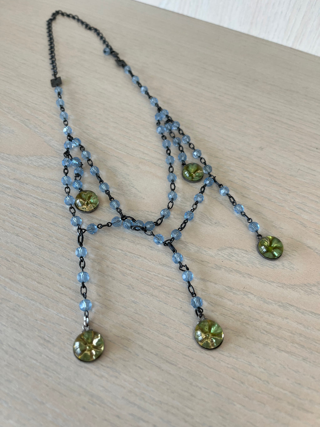 Konplott Vintage Floral Glass-Bead Drop Necklace, Adjustable, Blue/Green, Very Good