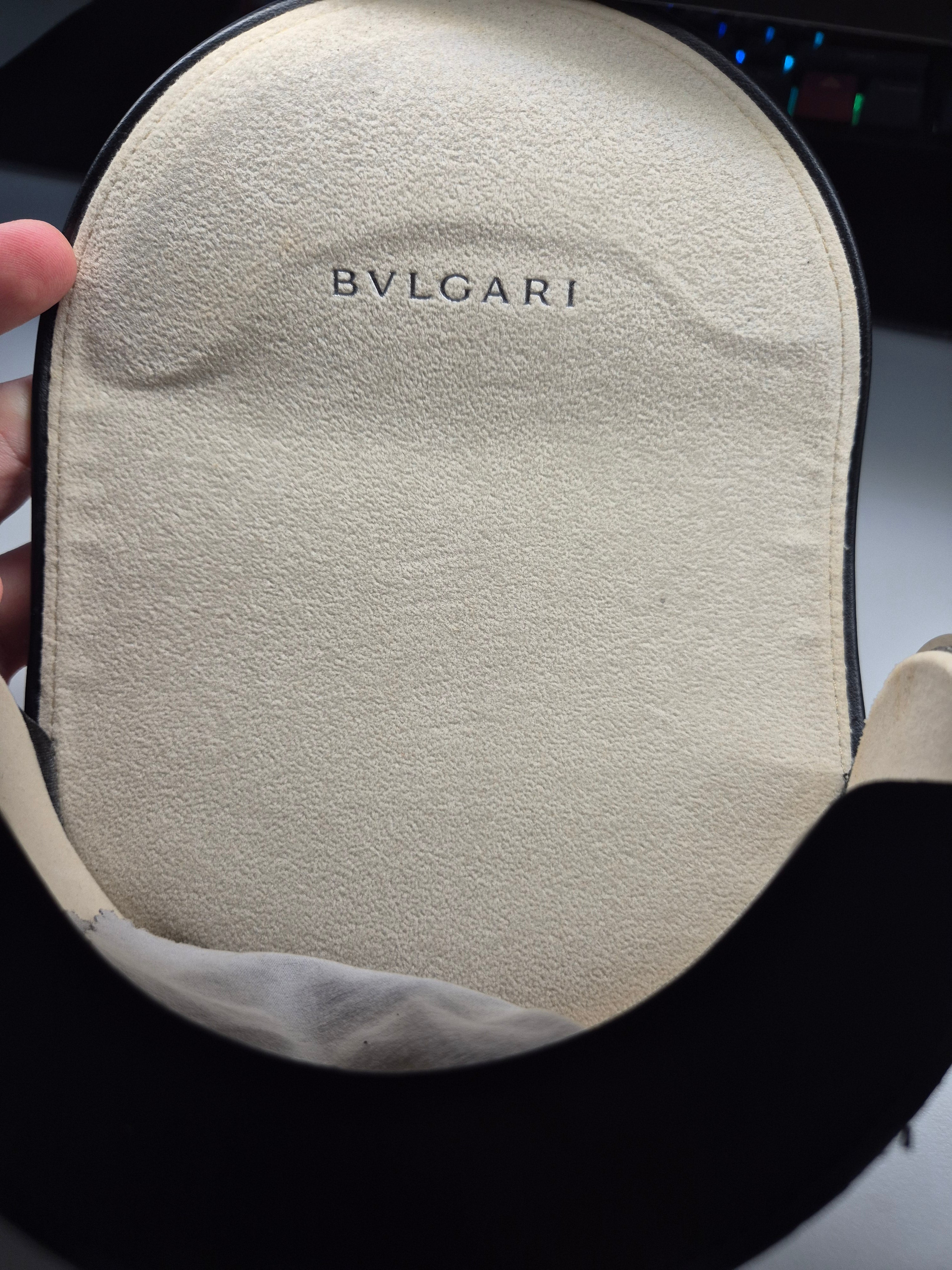 BVLGARI Sunglasses Case – Hard Shell, Black Leather, Metal Logo, Normal Use