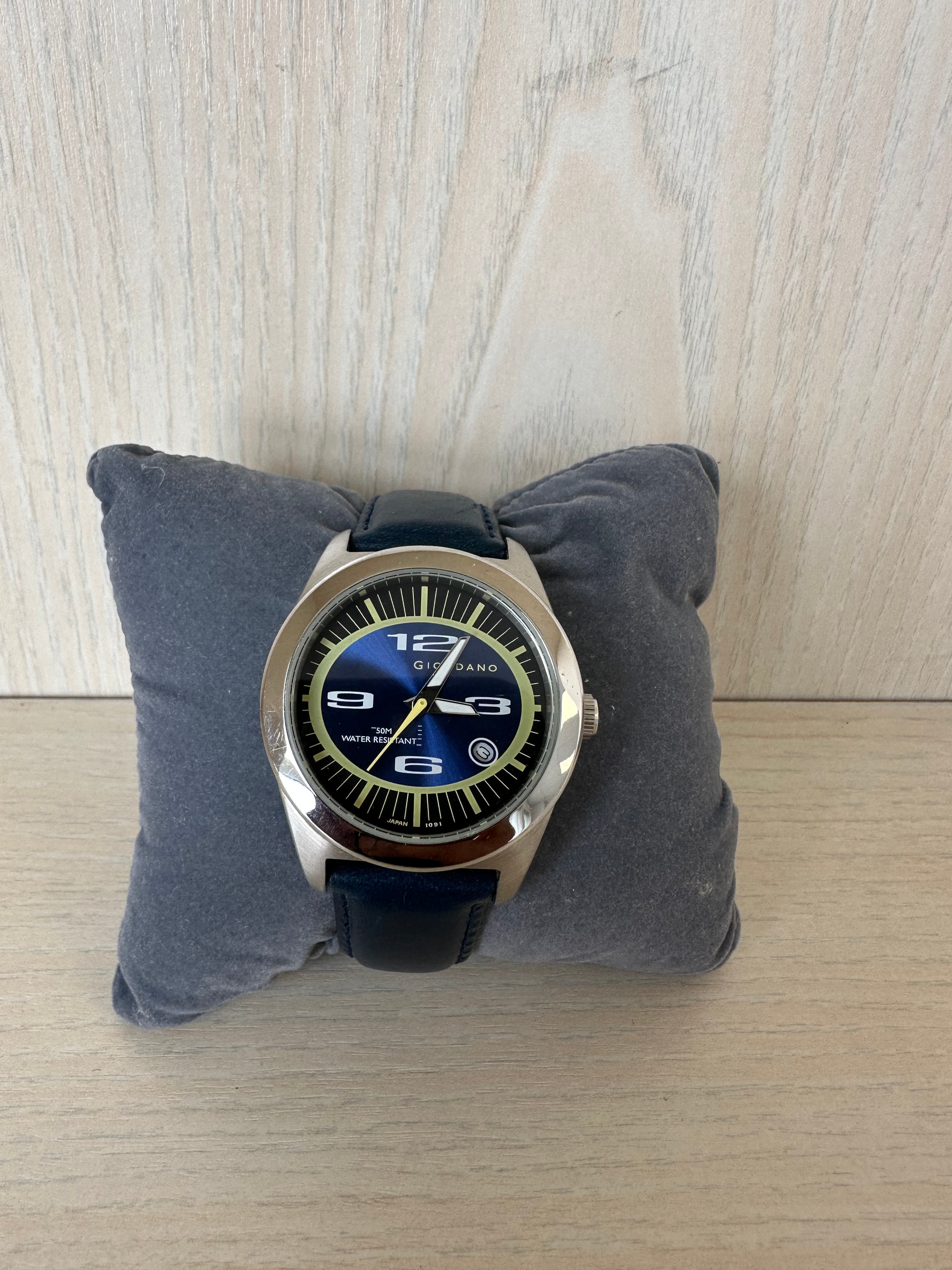 Giordano Herren Quarzuhr, Edelstahl, Blaues Lederband, 50m WR, Box, Sehr Gut