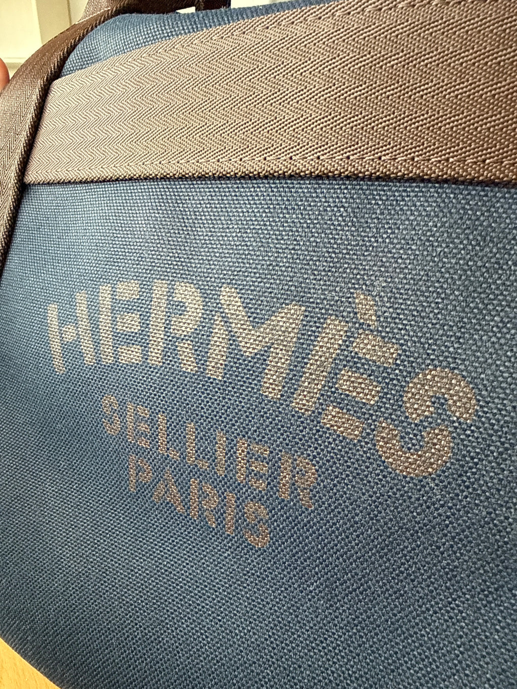 Hermès Sac de Pansage Groom Medium Canvas Navy/Braun mit Riemen, sehr gut