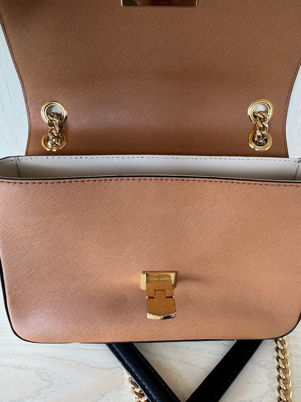 Michael Kors “Tina” Crossbody – Color-Block Saffiano Leather, Gold Hardware, Good