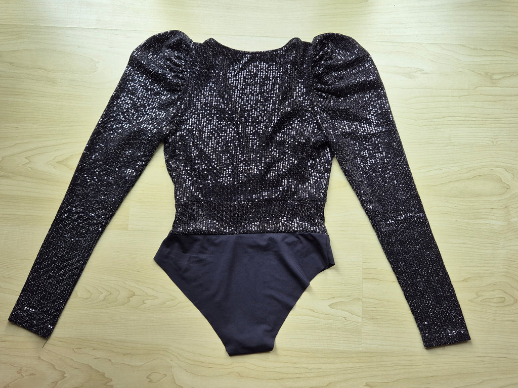 Pull&Bear Sequin Long Sleeve Bodysuit | XS | Black | Very Good