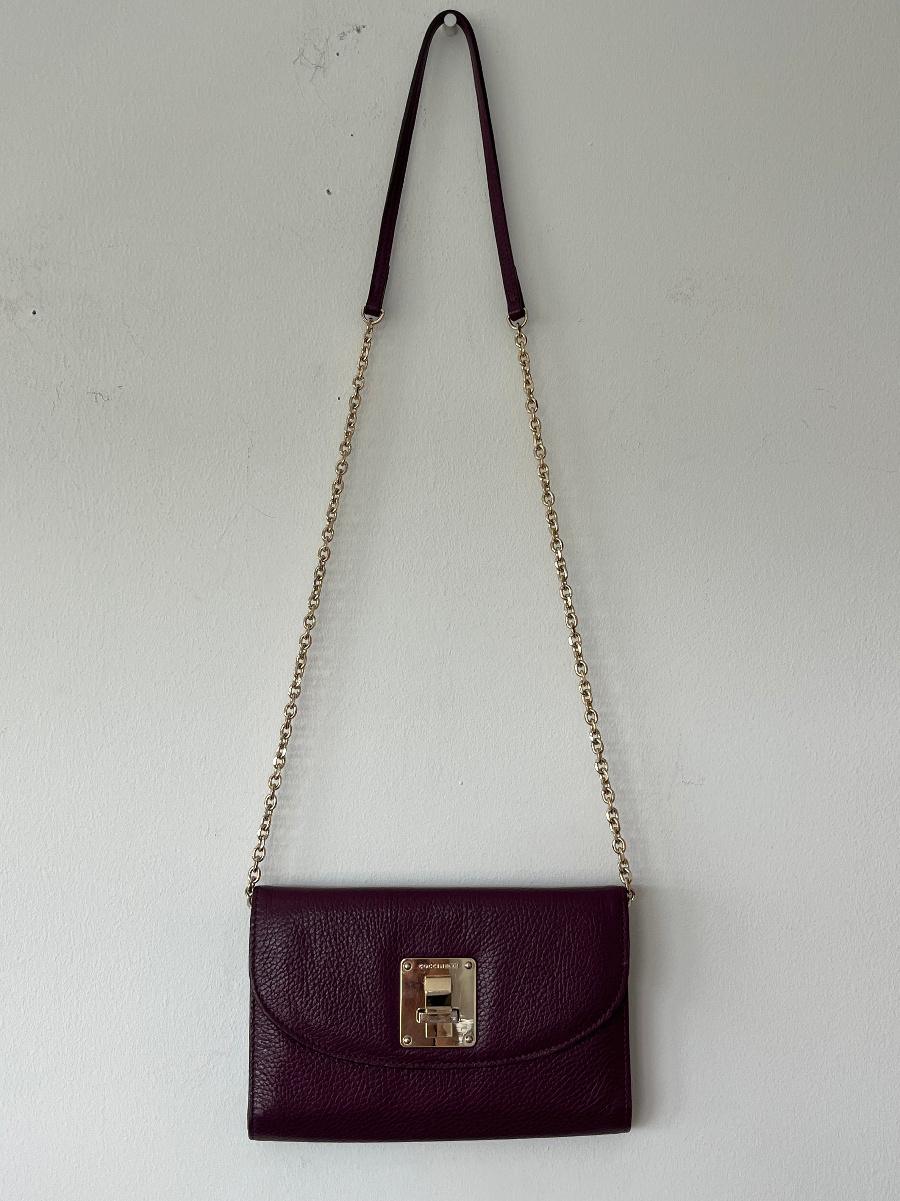 Coccinelle Leather Clutch | Plum | Gold Chain | Small | Good Condition