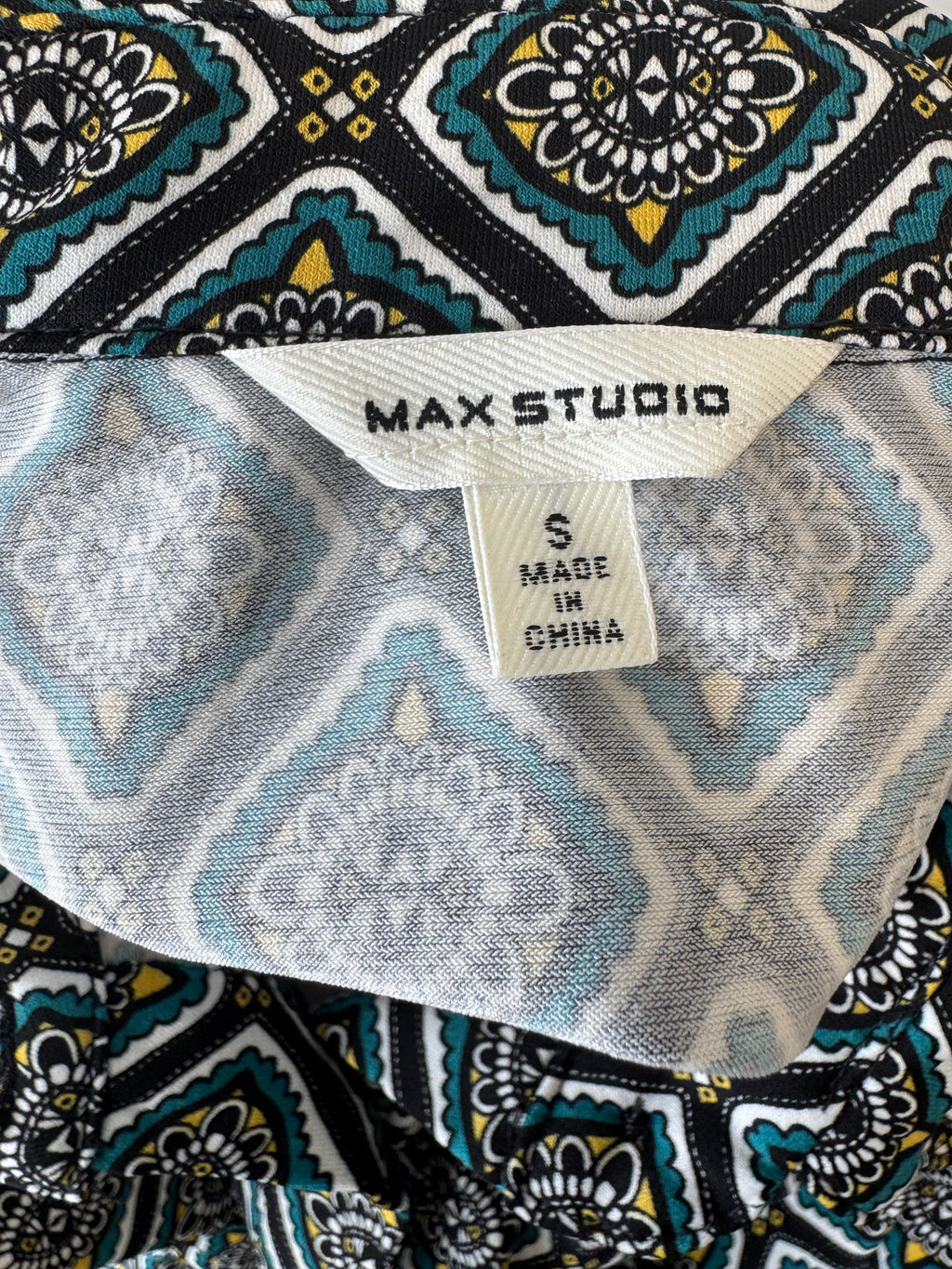 Max Studio Wrap Dress S – Black/White Geometric, Very Good Condition