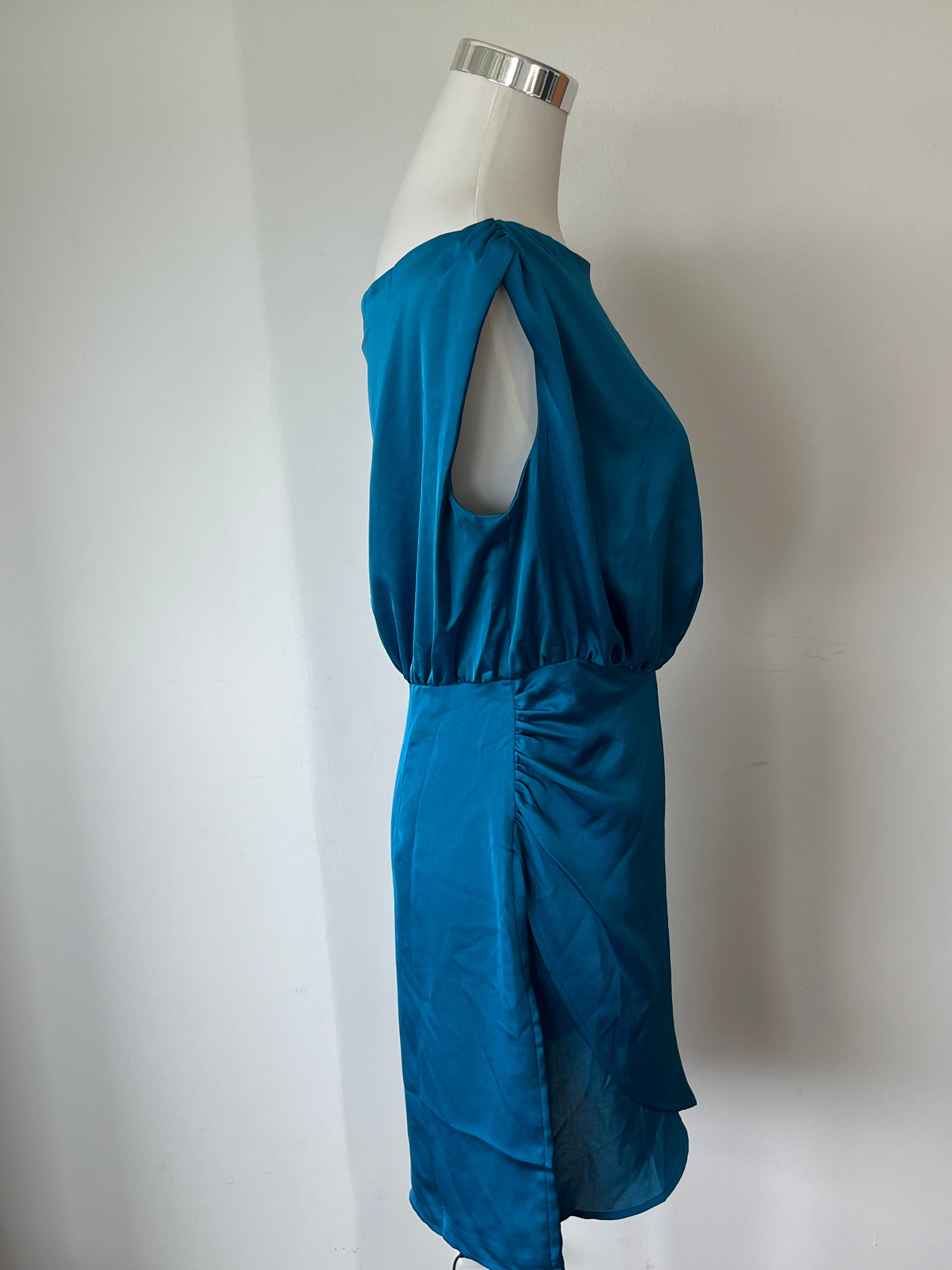 GUESS Yonna Drapiertes Kleid | Grecian Blue | Satin | Gr. M | Sehr gut