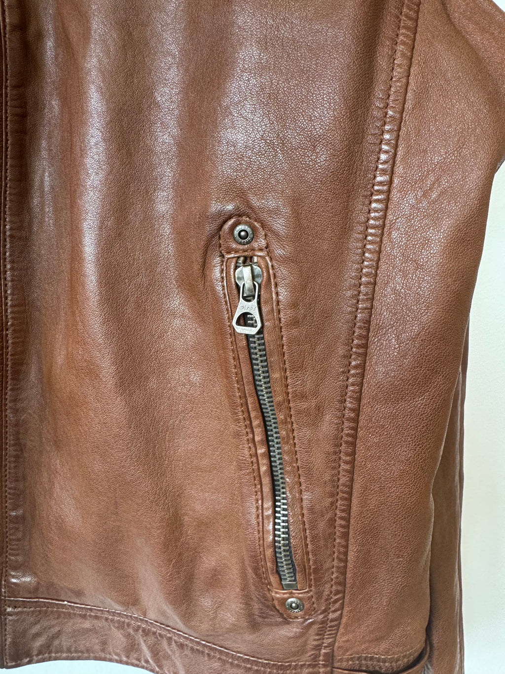 Gipsy Vintage-Style Leather Biker Jacket, Brown, Men’s XL, Good Condition