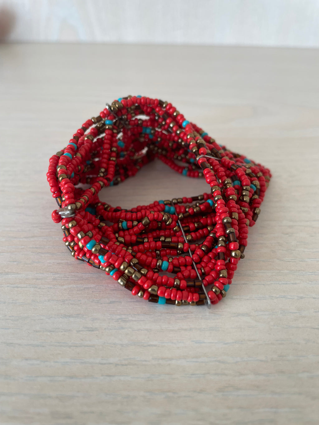 Handmade Otavalo Beaded Cuff Bracelet, Red Coral/Glass, Adjustable, Very Good