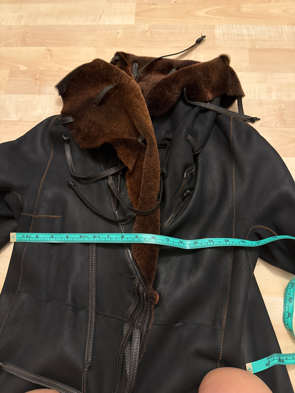 Genuine Shearling Ethan Hooded Coat, Dark Brown, Medium, Made in Italy, Very Good