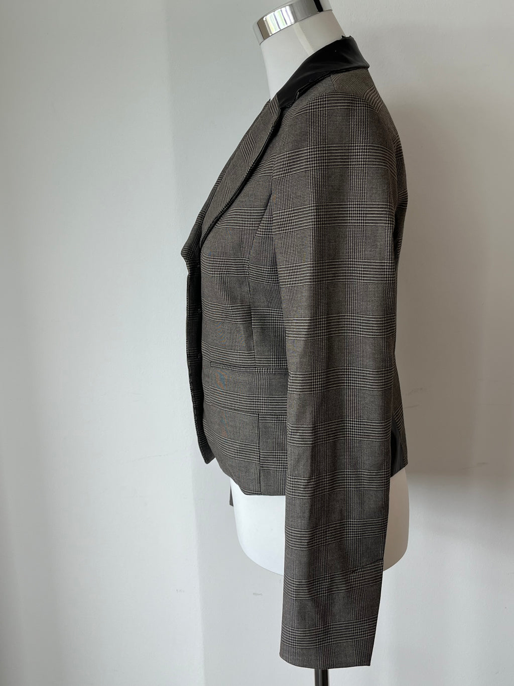 Sisley Blazer IT42 – Glencheck & Kunstleder, Zustand: Mangelhaft, Grau/Schwarz