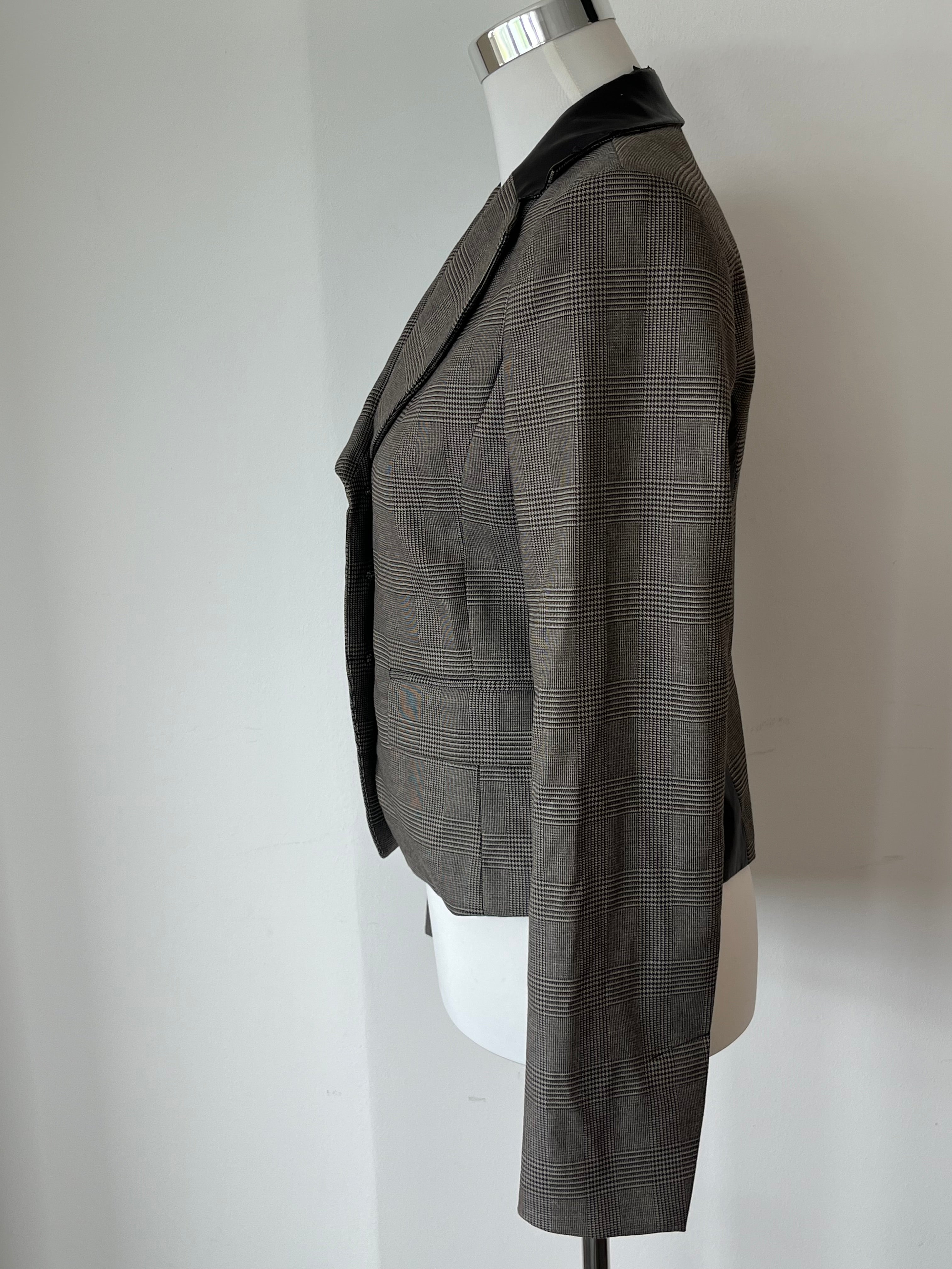 Sisley Blazer IT42 – Glencheck & Kunstleder, Zustand: Mangelhaft, Grau/Schwarz