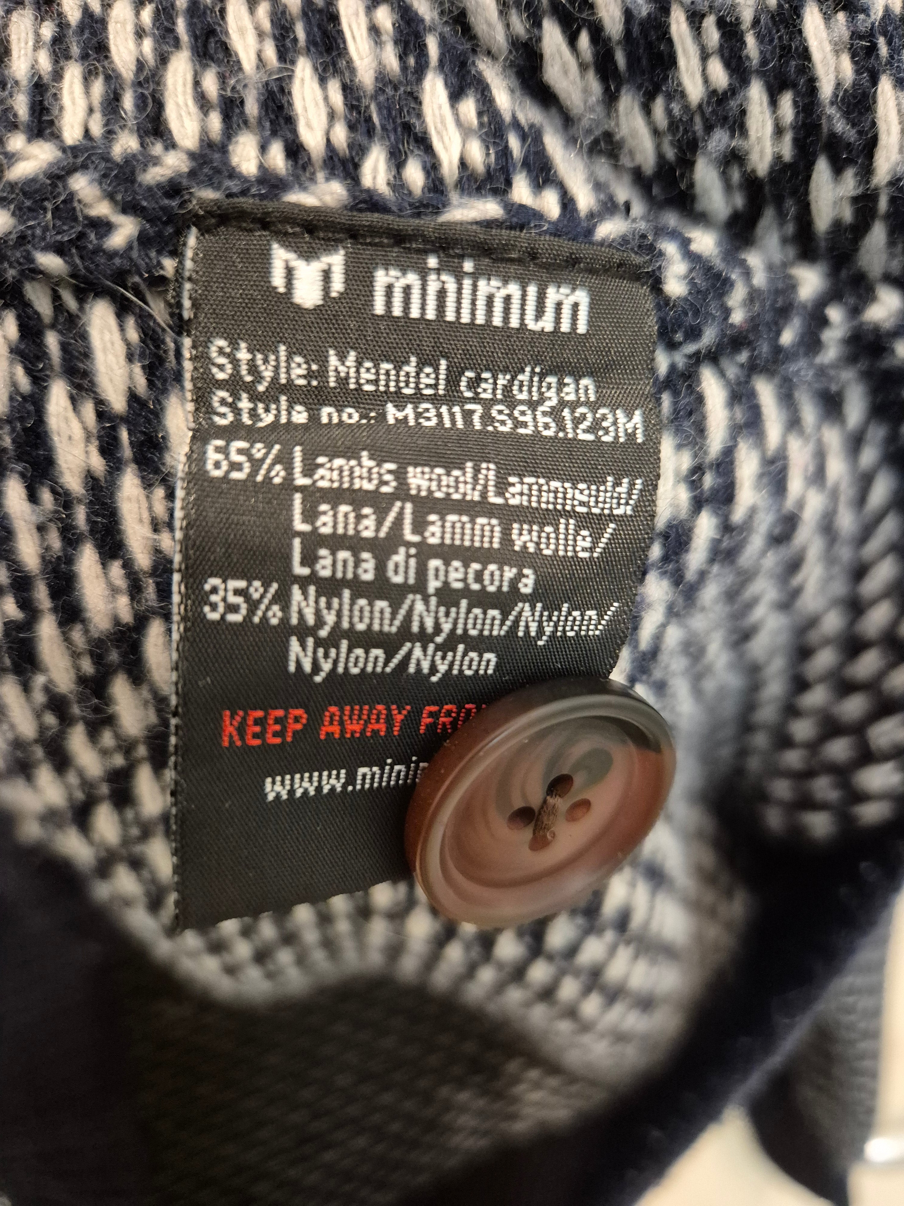 Minimum Mendel Shawl Collar Cardigan | Navy/White | Lambswool Blend | Size L | Good