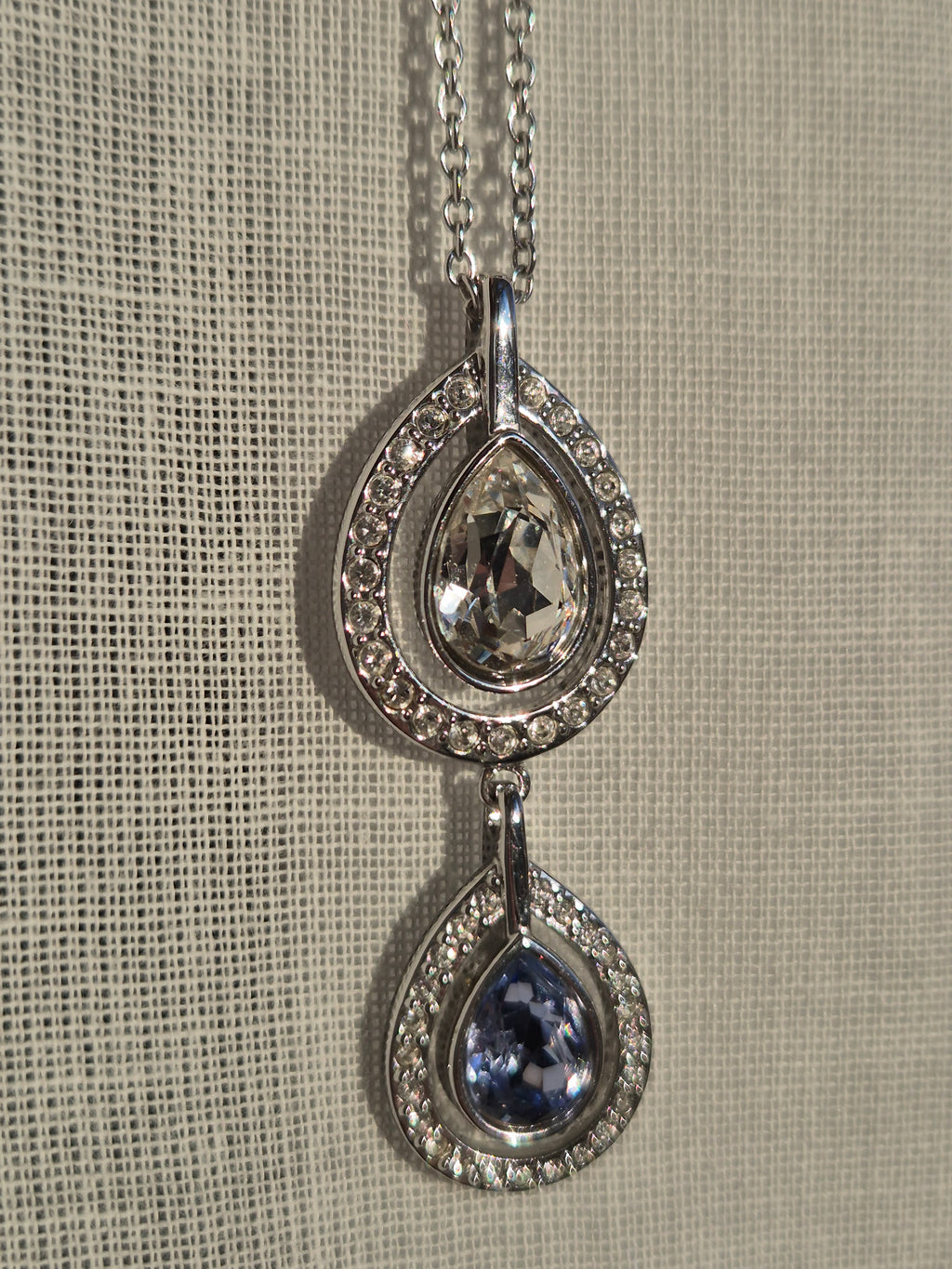Swarovski Double Teardrop Necklace | Silver Tone, Purple & Aqua Crystals | Very Good