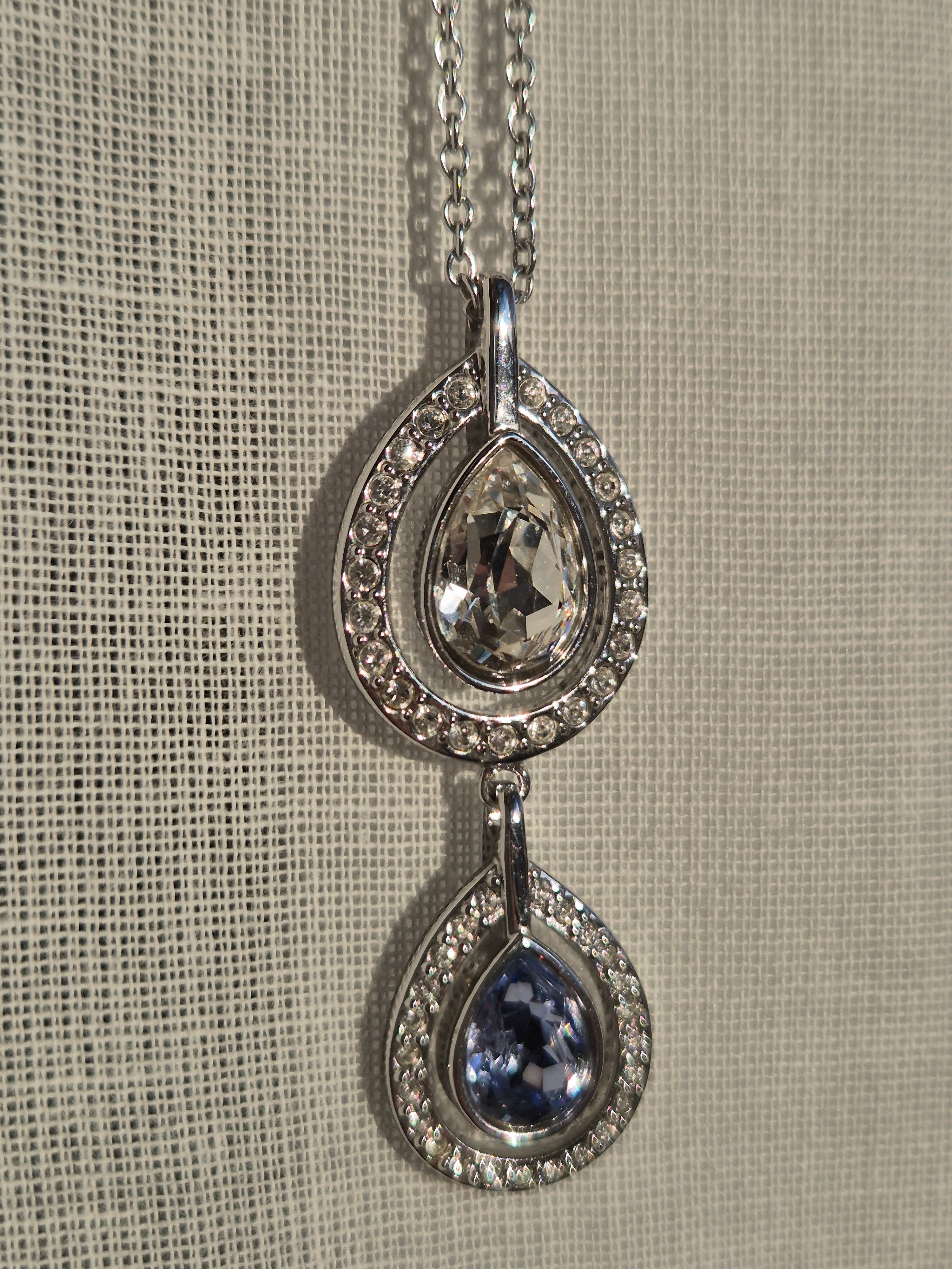 Swarovski Double Teardrop Necklace | Silver Tone, Purple & Aqua Crystals | Very Good
