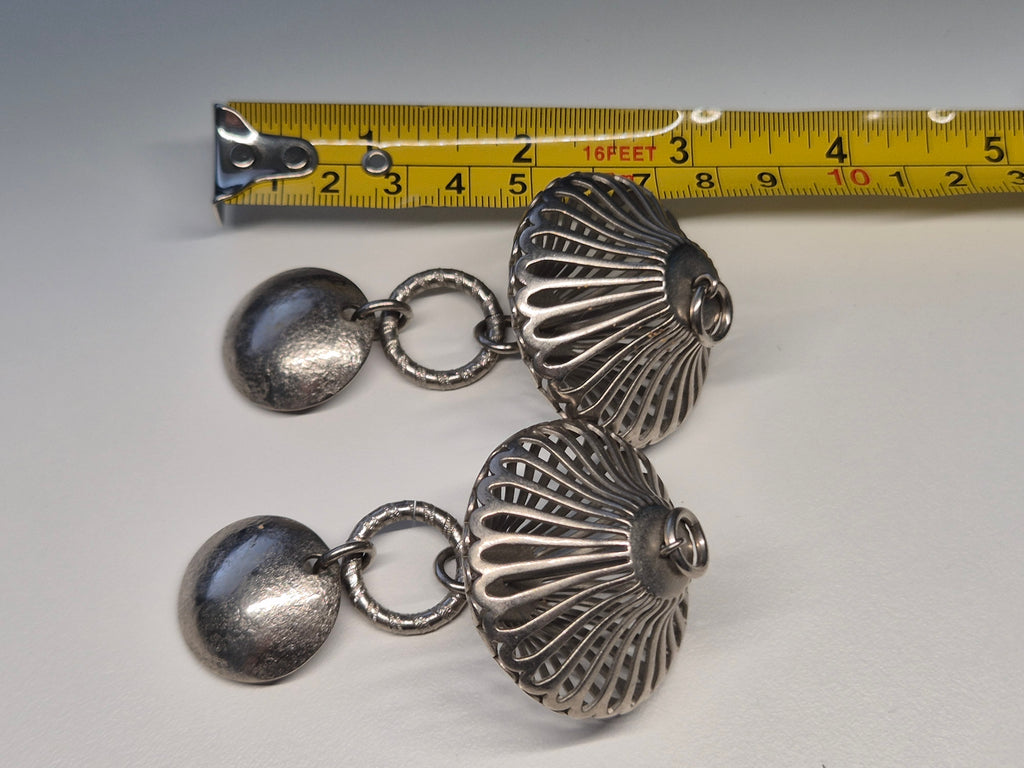 Vintage Clip-On Earrings – Silver Tone, Dome Dangle, 8cm, Very Good