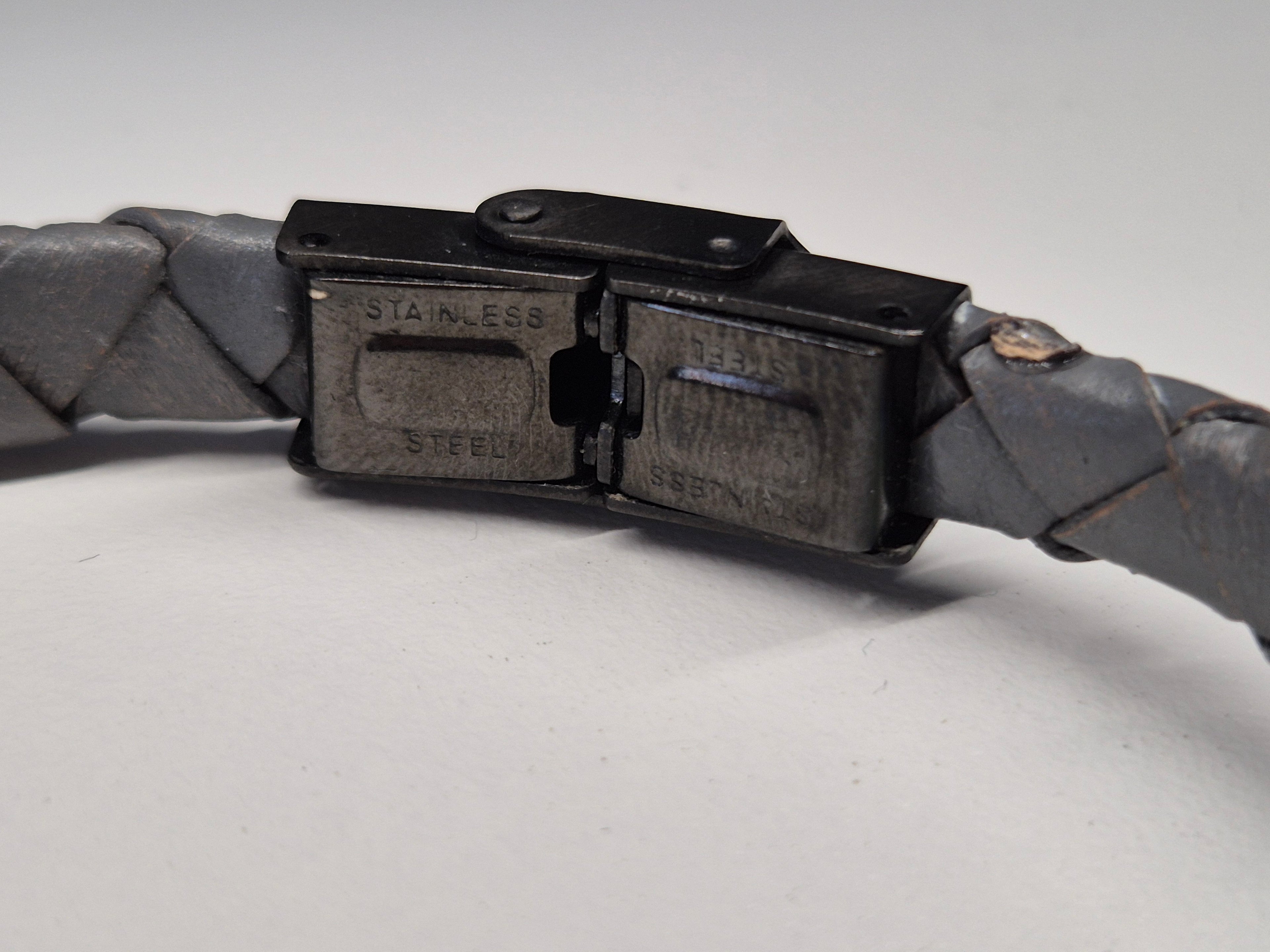 G&B Men's Leather Bracelet – Braided Gray, Stainless Steel Clasp, Good Condition
