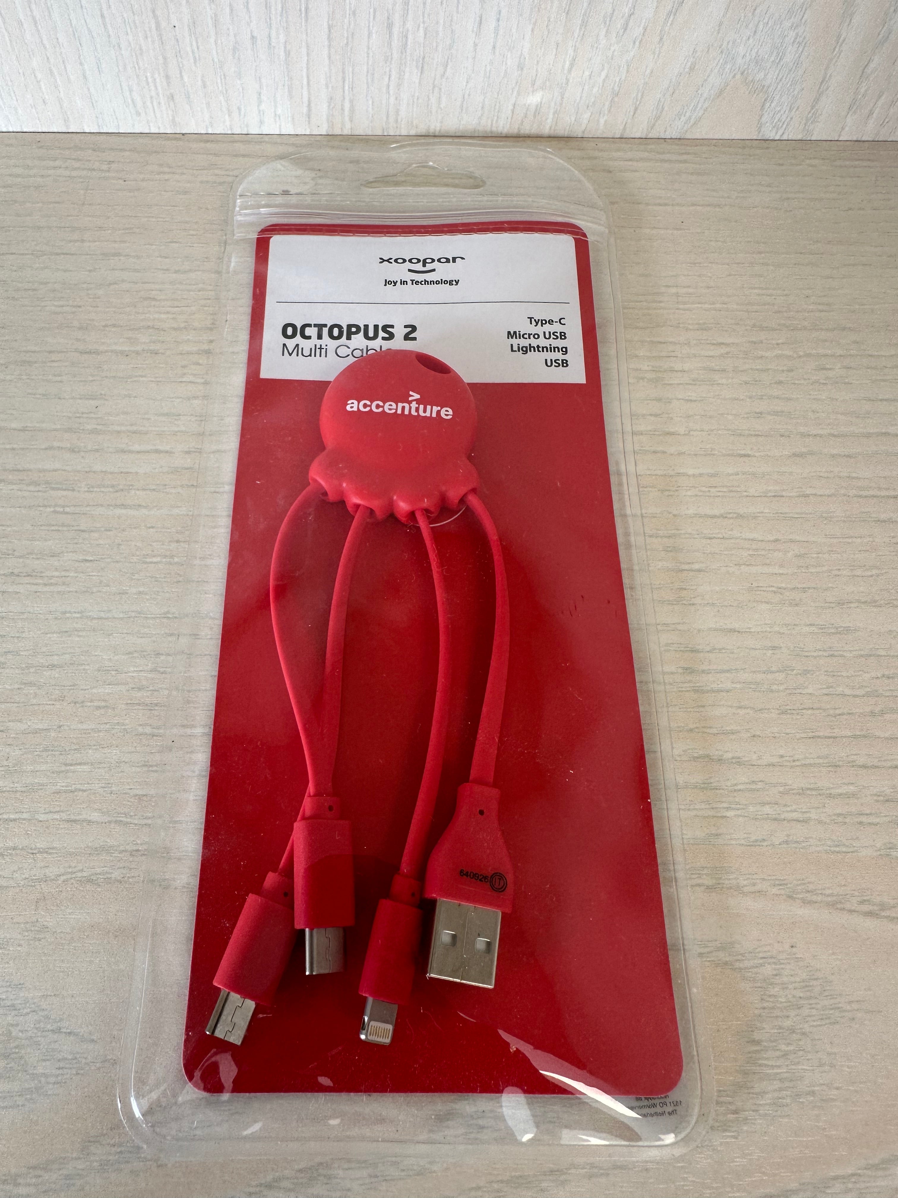 Xoopar Octopus 2 Multi-Charging Cable USB-C/Lightning/Micro-USB Red New Sealed