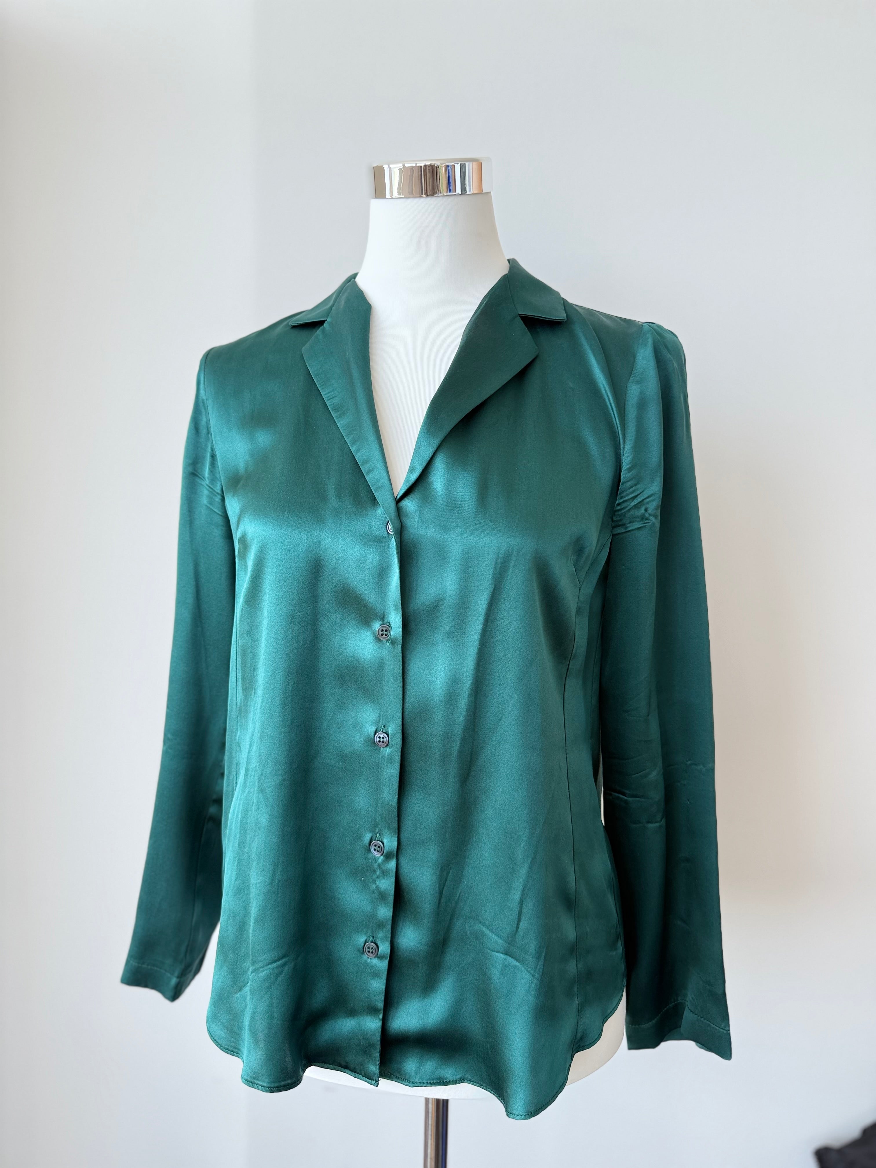 Amanda Uprichard Seiden/Satin Bluse – XS/P, Smaragdgrün, Sehr guter Zustand