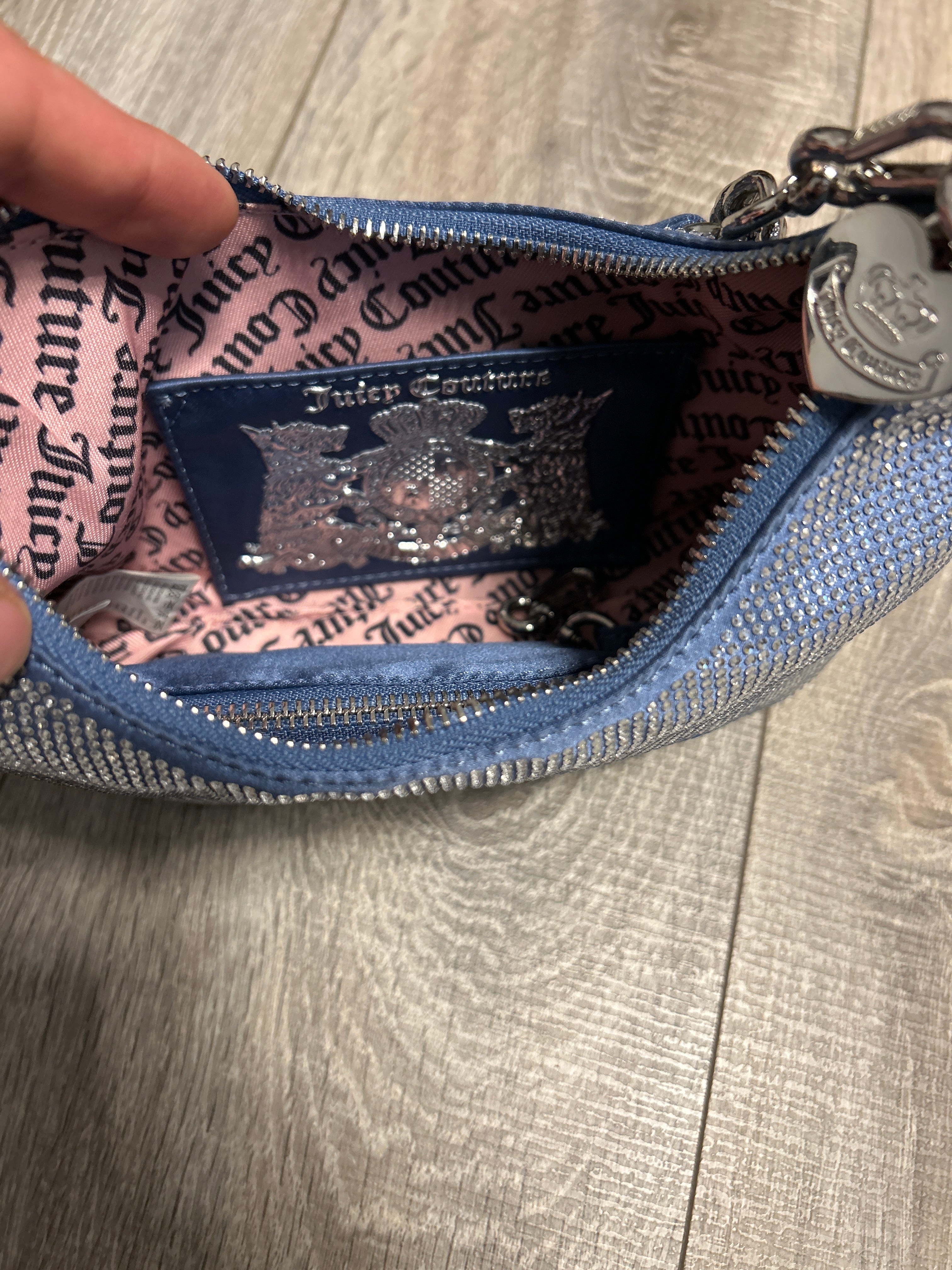 Juicy Couture Mini Hobo Schultertasche Blau Strass + Münztasche Wie Neu