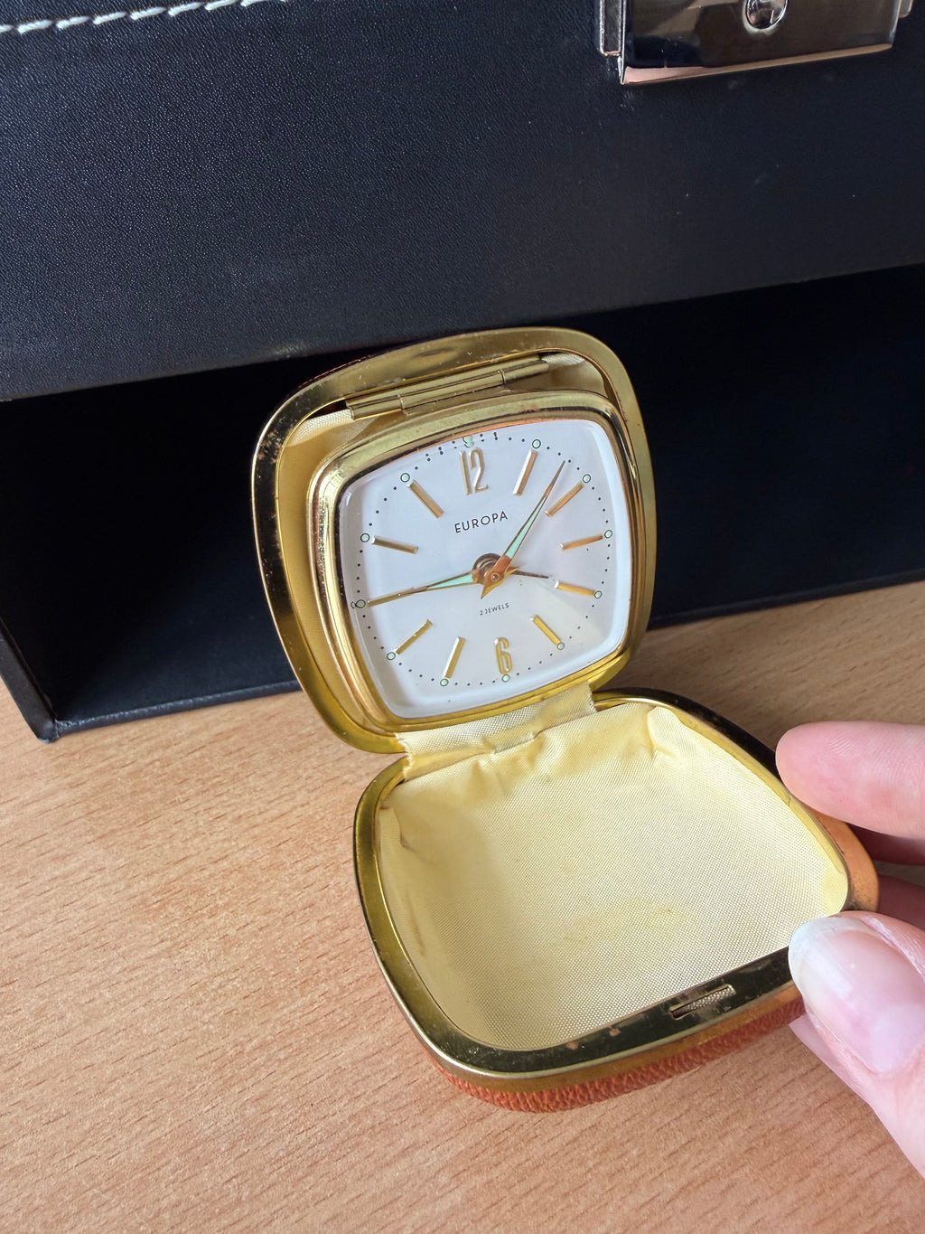 Vintage EUROPA Mechanical Travel Alarm Clock, 2 Jewels, Leather Case, Good