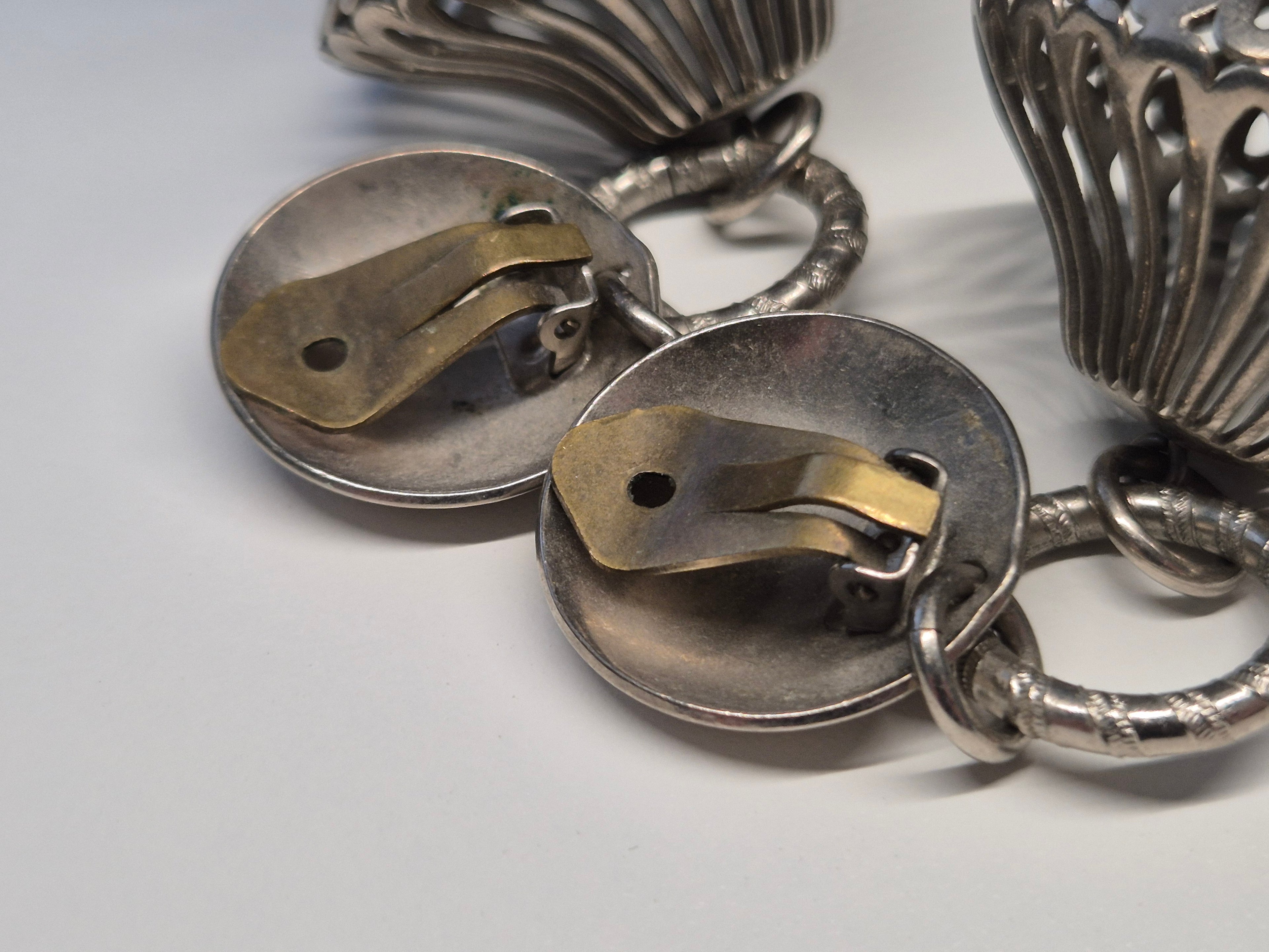 Vintage Clip-On Earrings – Silver Tone, Dome Dangle, 8cm, Very Good