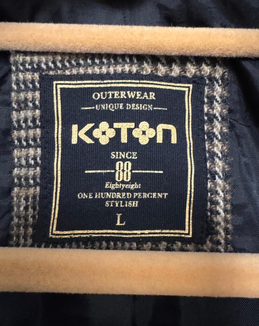 Koton Long Plaid Coat, Size L, Beige Checked, Like New