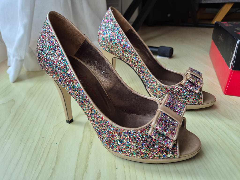 Nina Fiarucci Peep-Toe High Heels, Multicolor Glitter, Gr. 38, Sehr Gut
