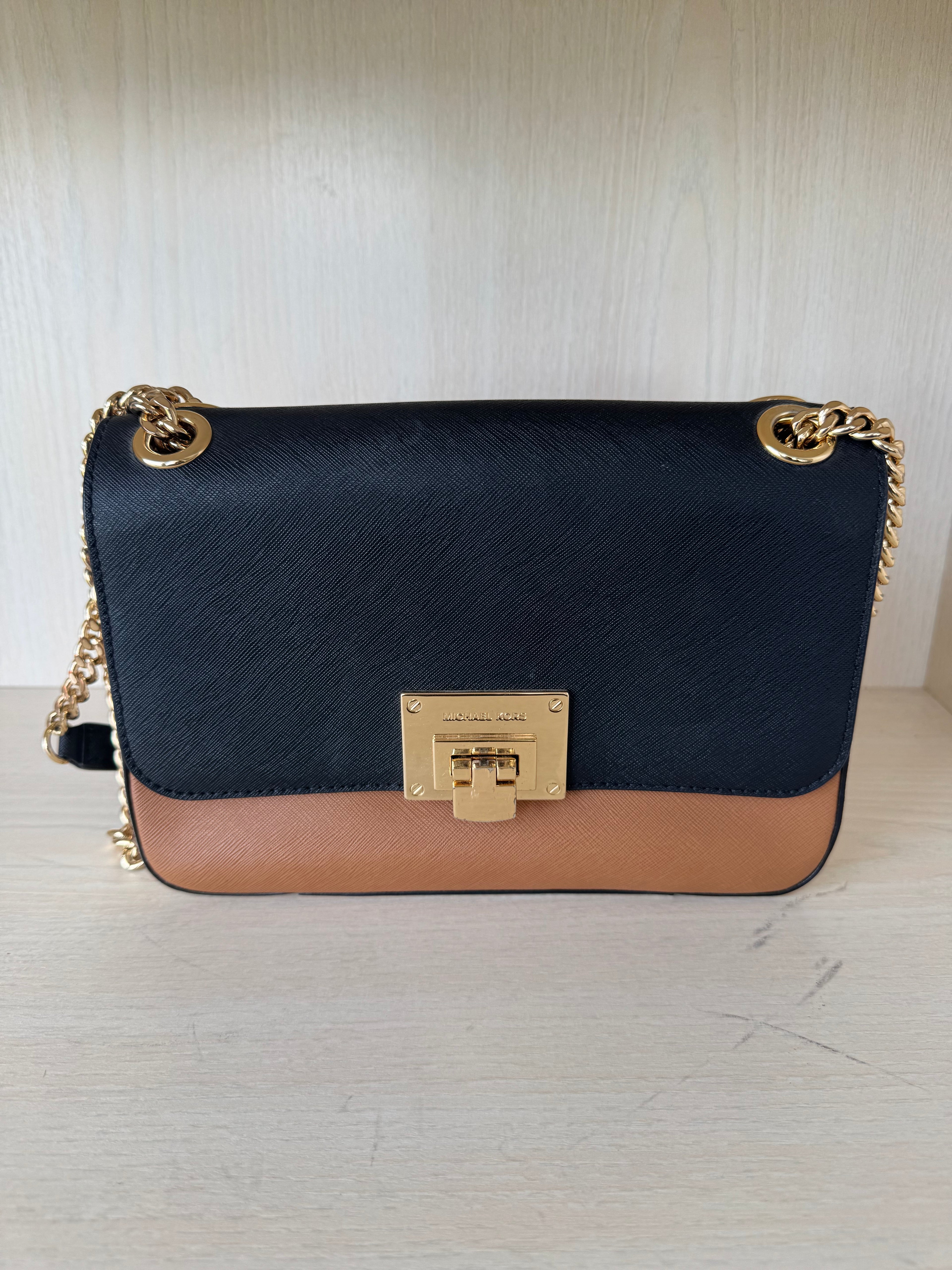 Michael Kors “Tina” Crossbody – Color-Block Saffiano Leather, Gold Hardware, Good