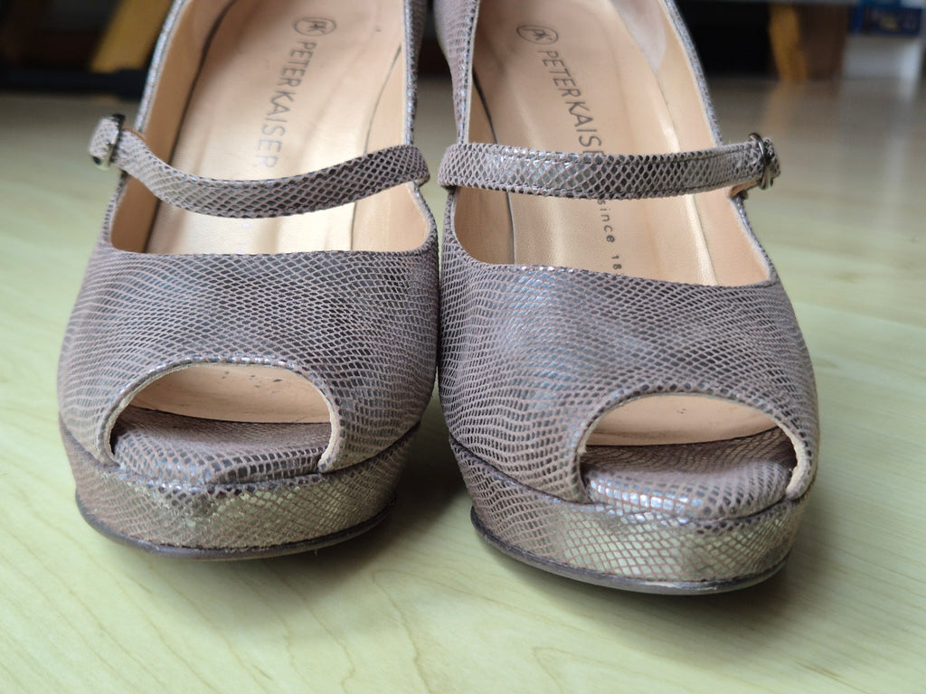 Peter Kaiser Peep-Toe High Heels, geprägtes Leder, Silber, UK 4.5, guter Zustand