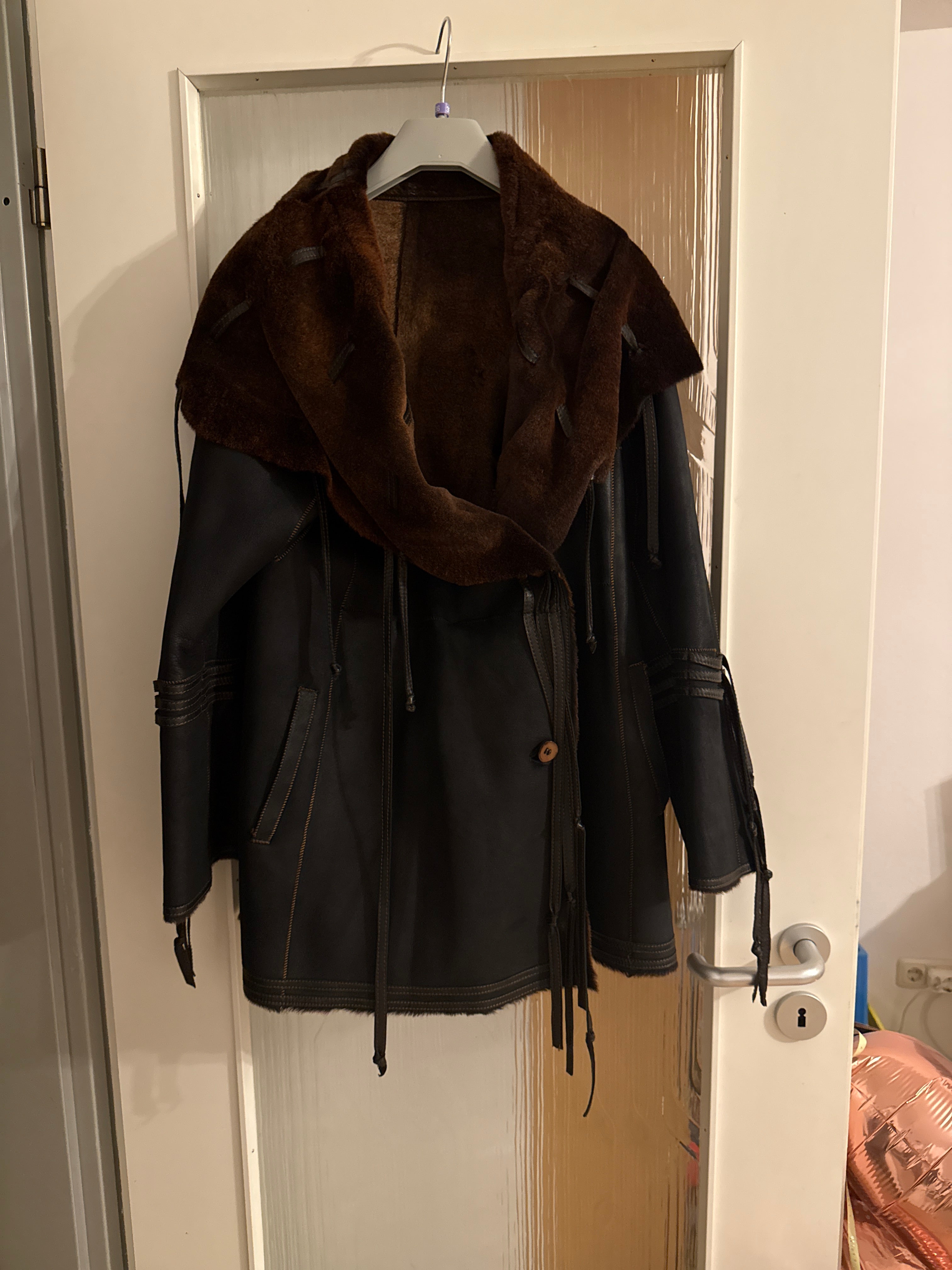 Genuine Shearling Ethan Hooded Coat, Dark Brown, Medium, Made in Italy, Very Good