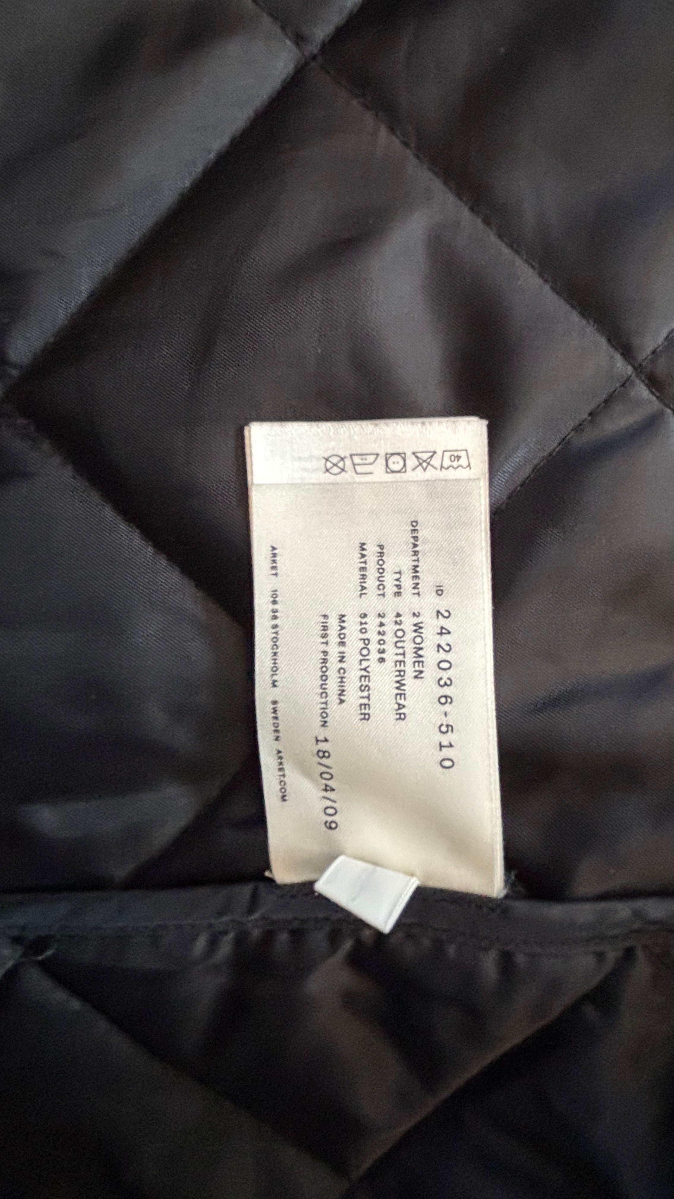 ARKET Long Quilted Bomber Coat, Black, Size 36, Very Good Condition