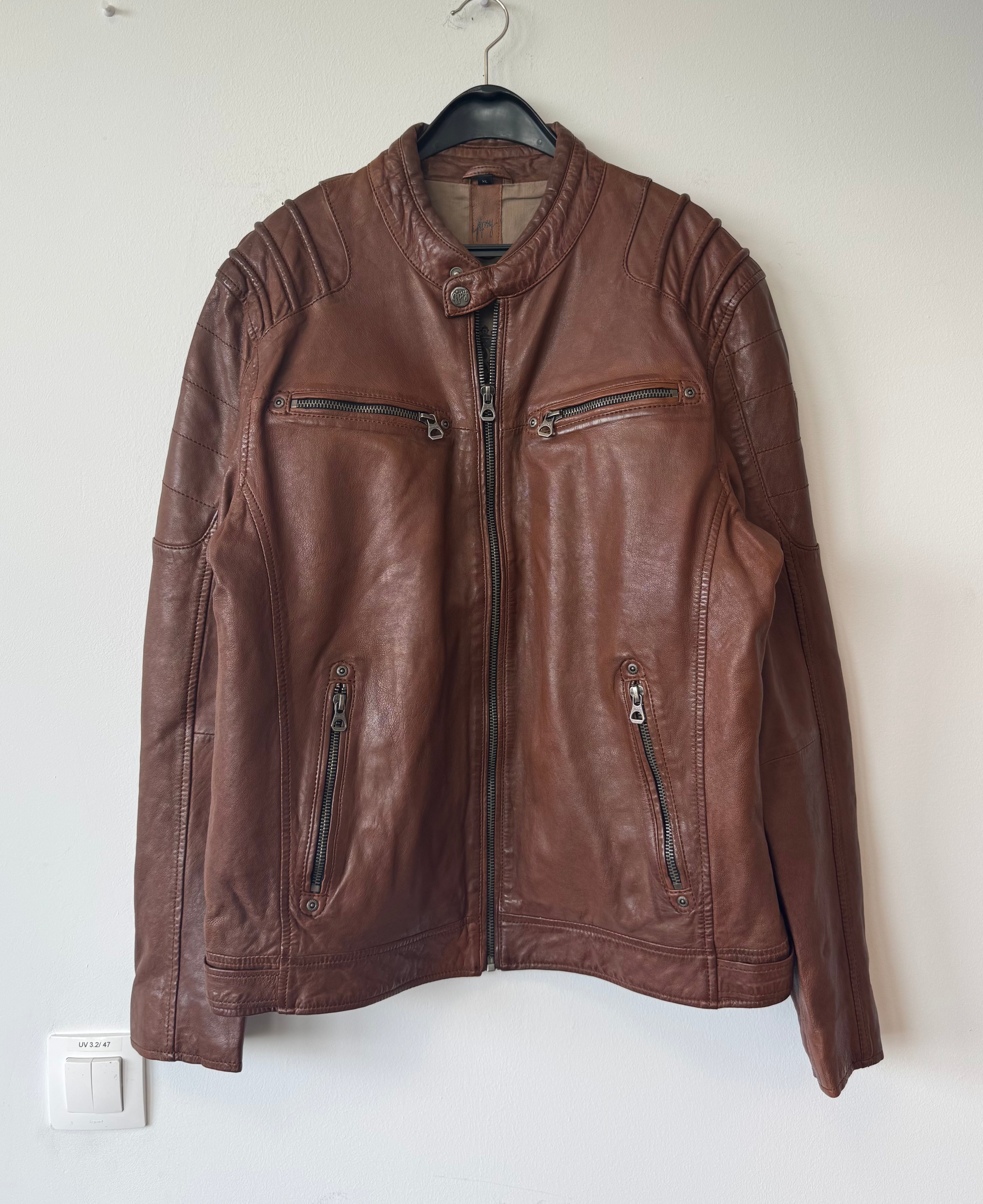 Gipsy Vintage-Style Leather Biker Jacket, Brown, Men’s XL, Good Condition