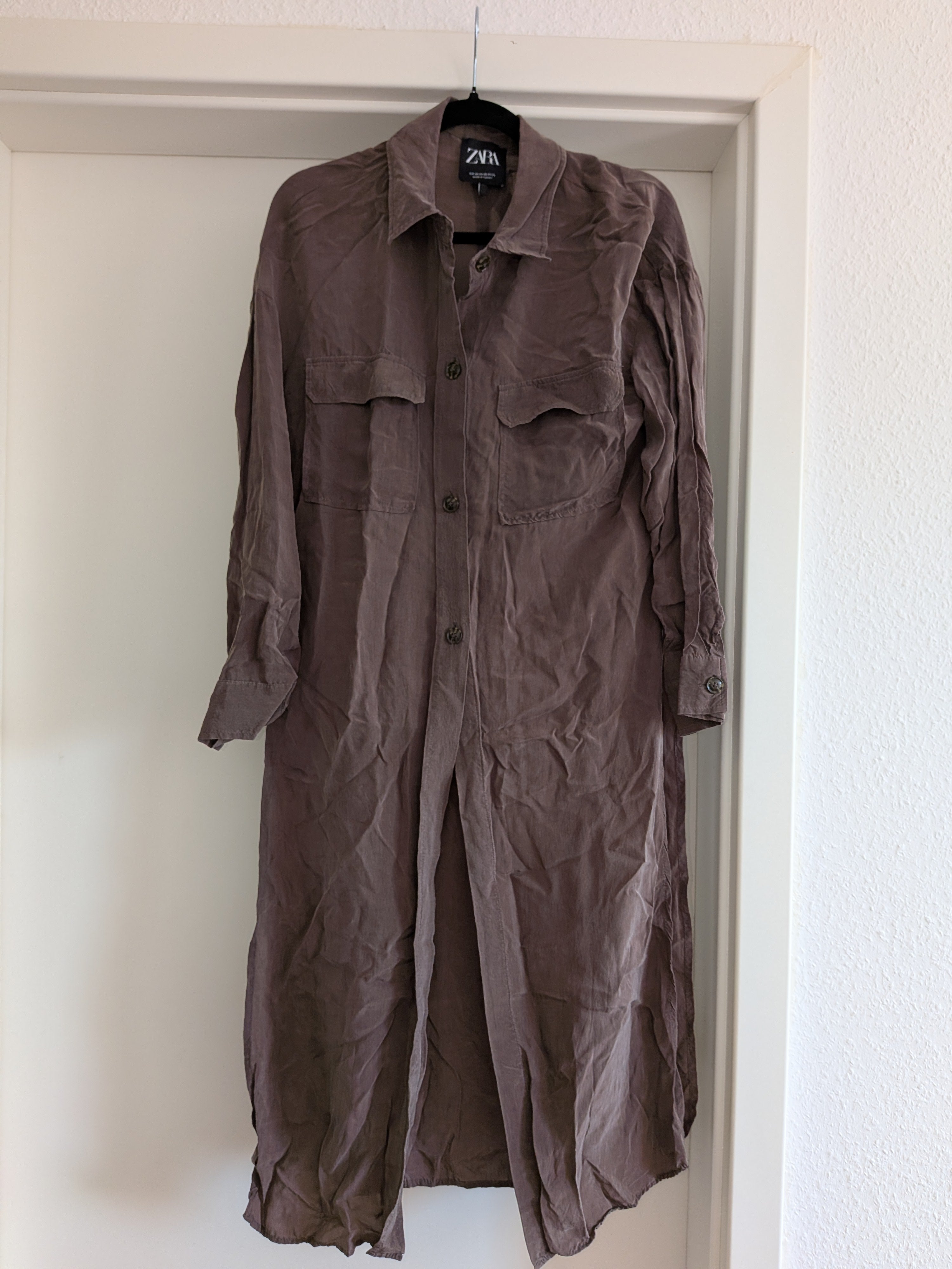 ZARA Button Front Duster Shirt Dress, Chocolate Brown, Size S, Very Good