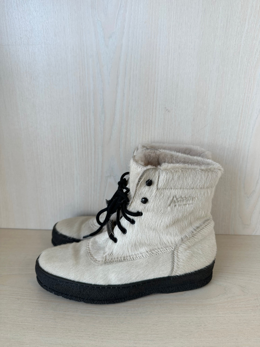 Ammann Cow Print Schnürstiefel EU 39 Creme/Schwarz Leder Ziegenhaar Sehr Gut