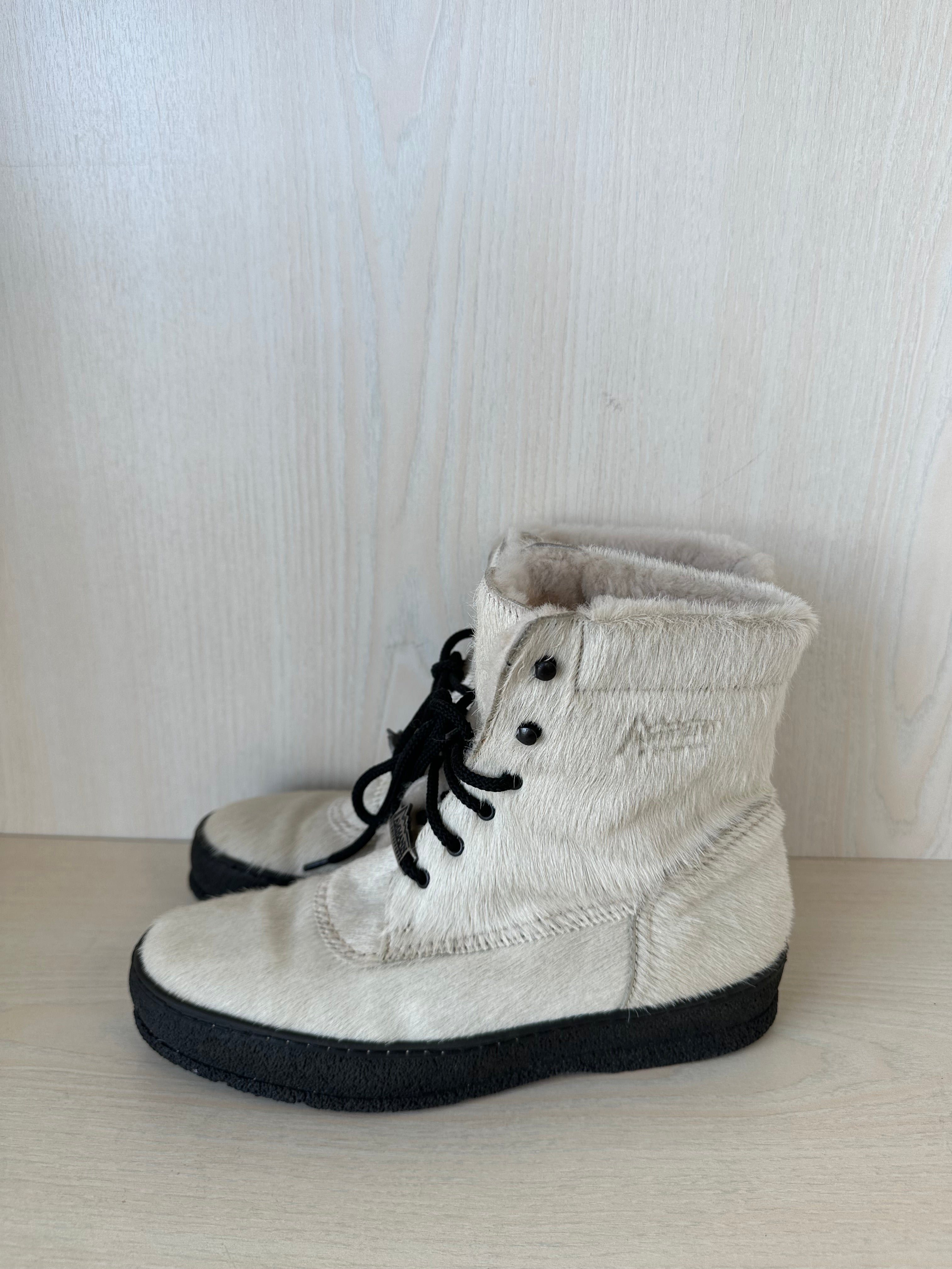 Ammann Cow Print Schnürstiefel EU 39 Creme/Schwarz Leder Ziegenhaar Sehr Gut