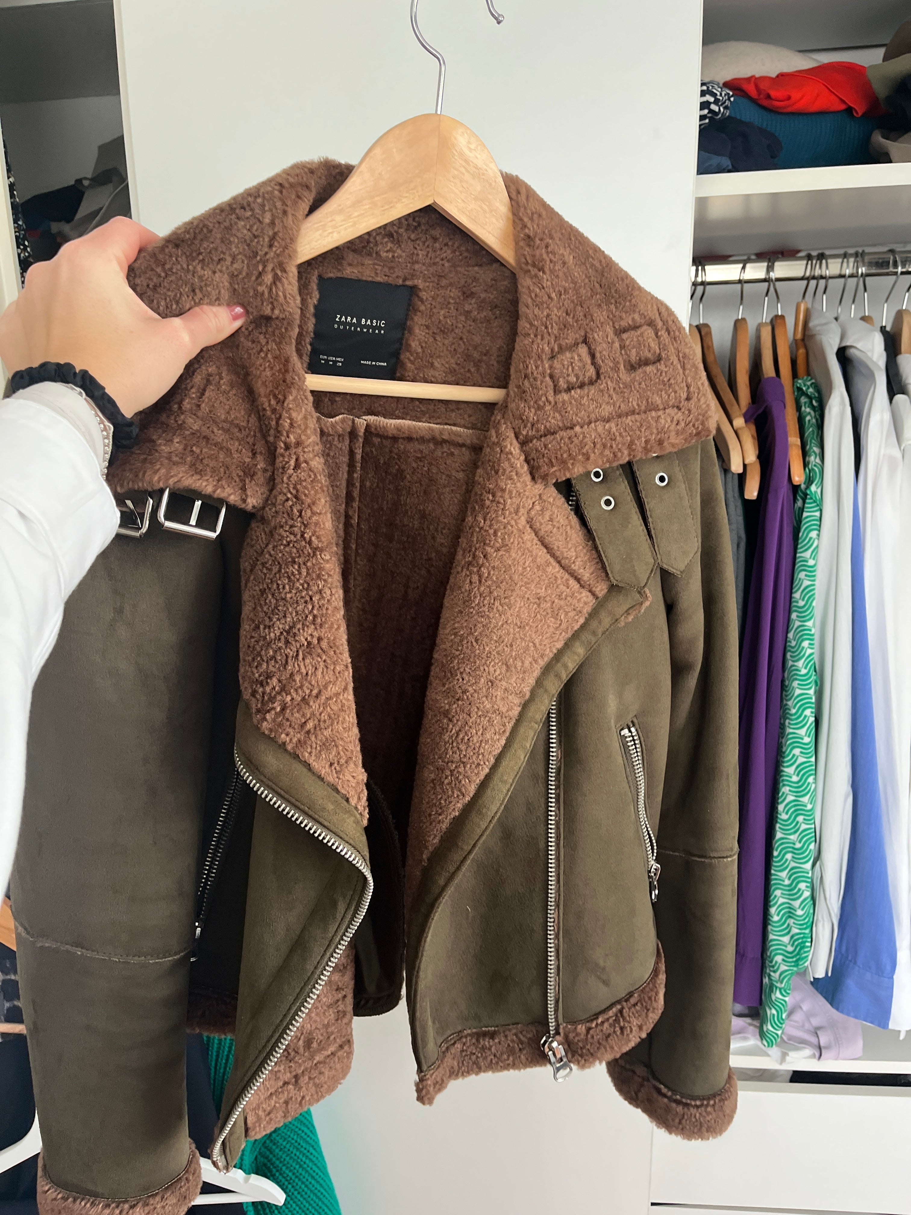 Zara Basic Outerwear Aviator Jacket, Faux Suede, Olive, Size M, Like New