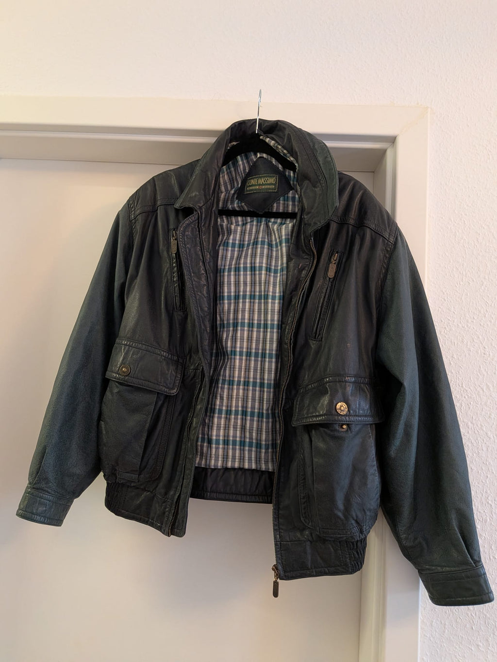 Echtleder Bomberjacke – Conte Massimo – Gr. 50 – Dunkelgrün/Schwarz – Gut