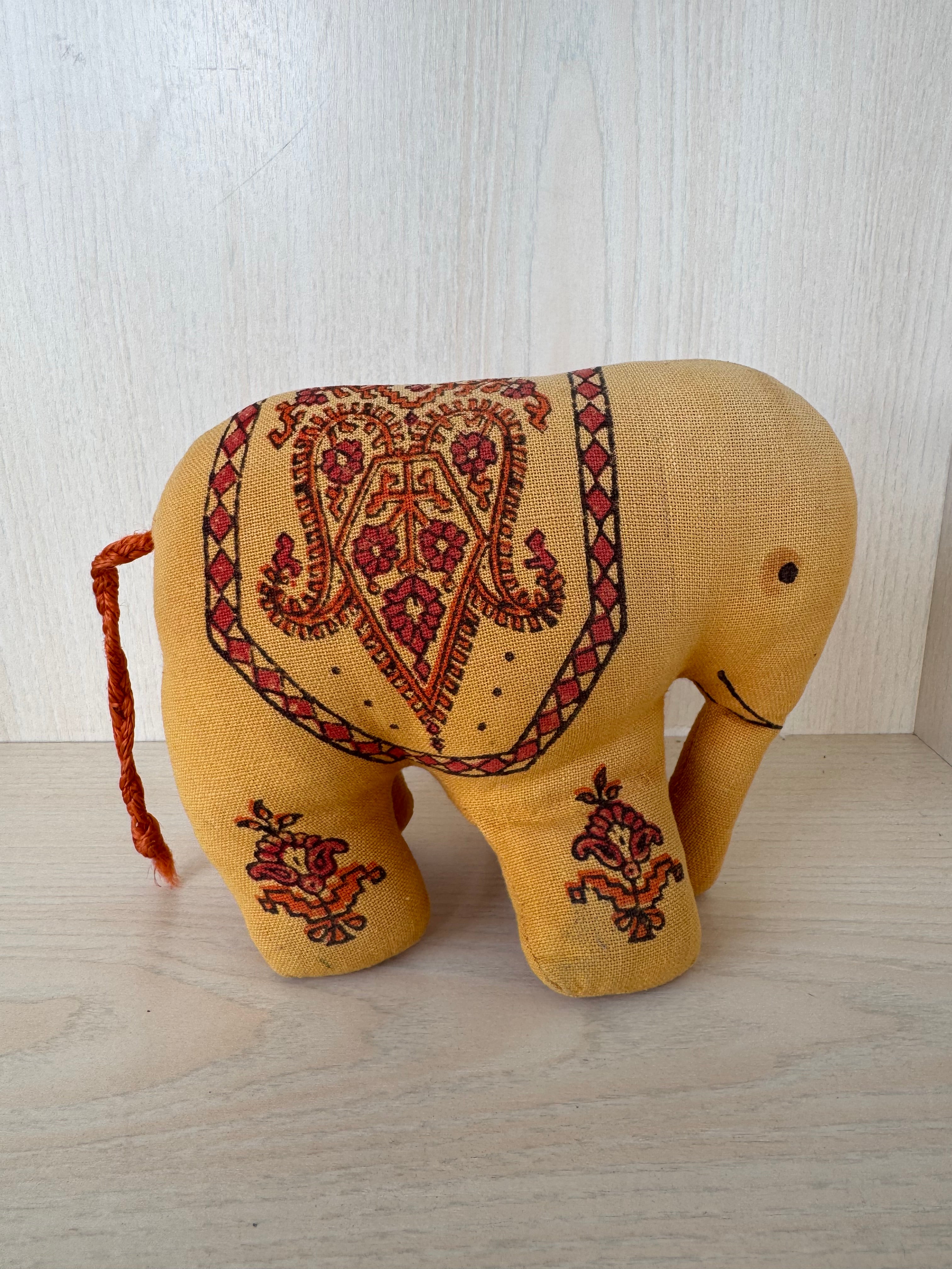 Handcrafted Fabric Elephant Plush Toy, Yellow with Red, 15cm, Good Condition