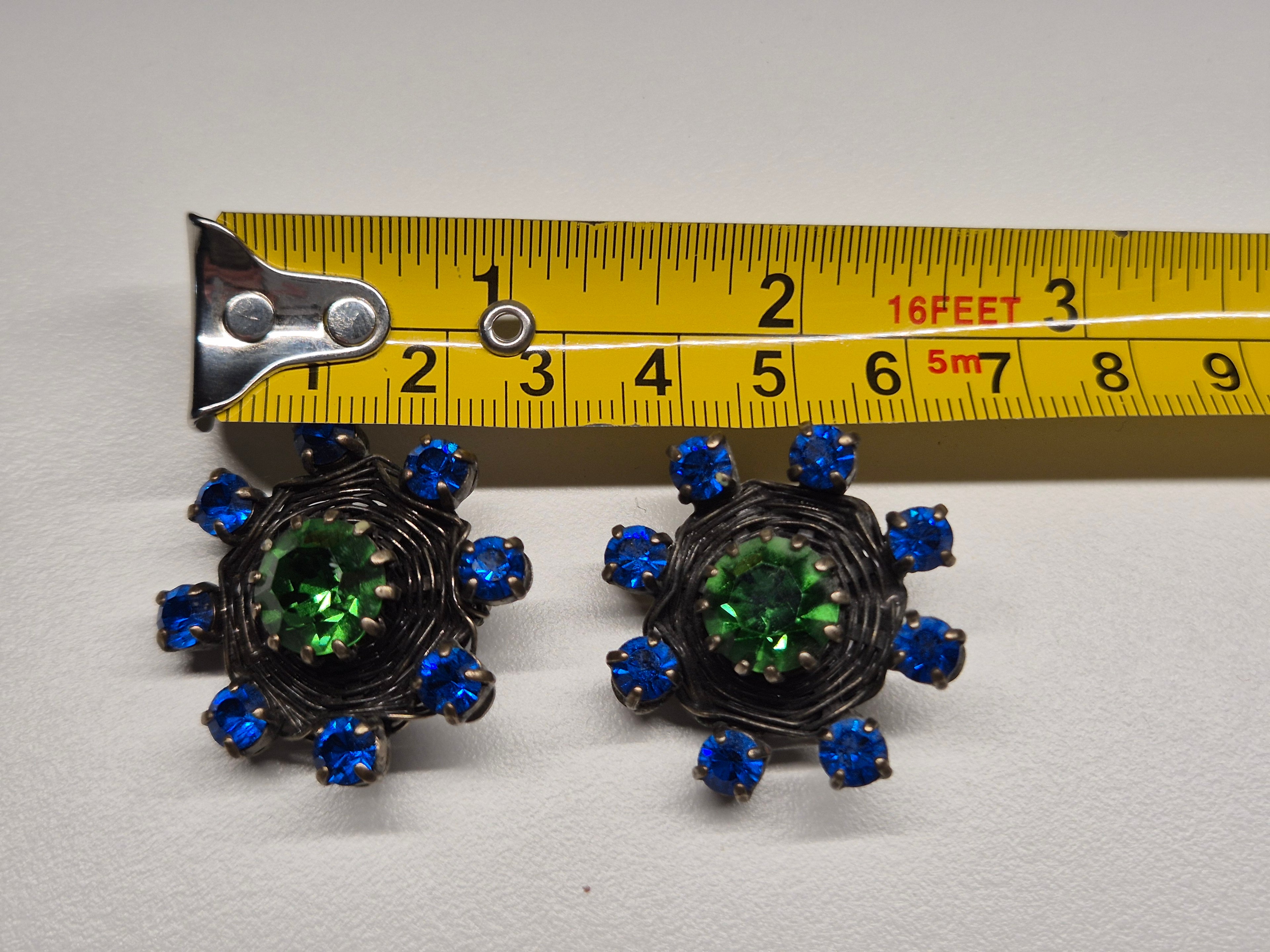 Sparkling Blue-Green Konplott Vintage Clip Earrings, 3cm, Very Good Condition