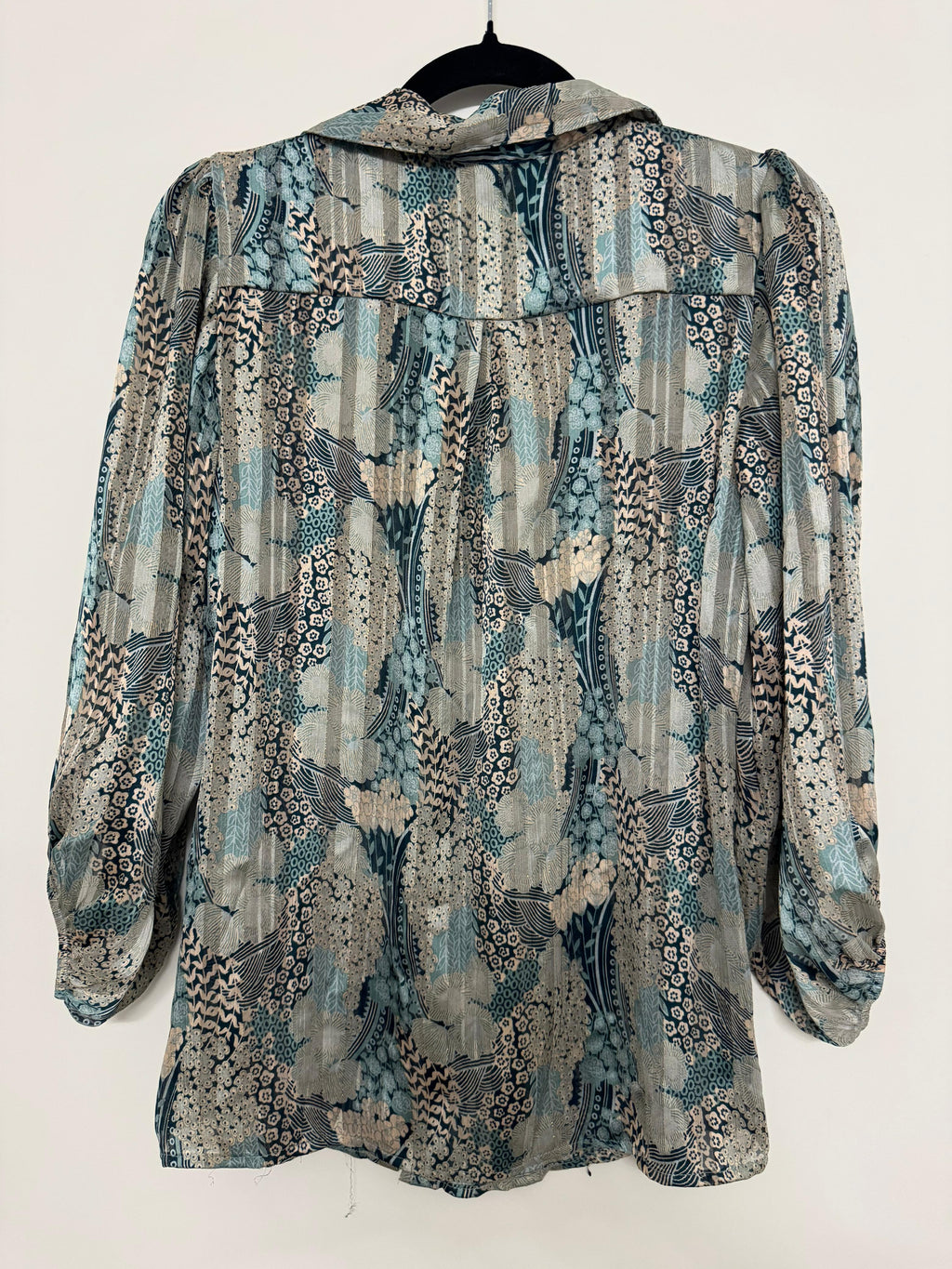 Haver & Blair Sheer Peasant Blouse – S – Blue/Beige Print – Very Good