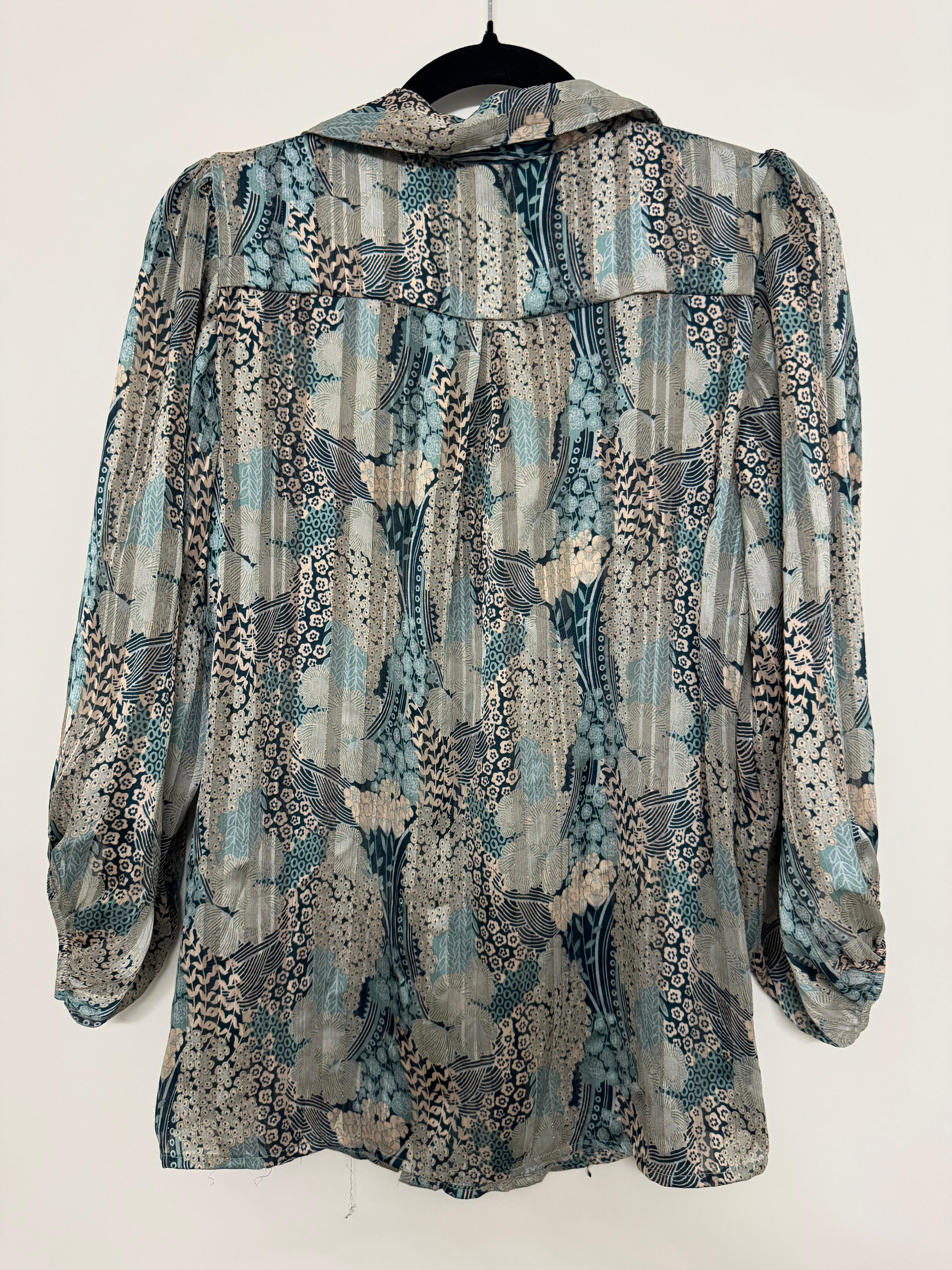Haver & Blair Sheer Peasant Blouse – S – Blue/Beige Print – Very Good