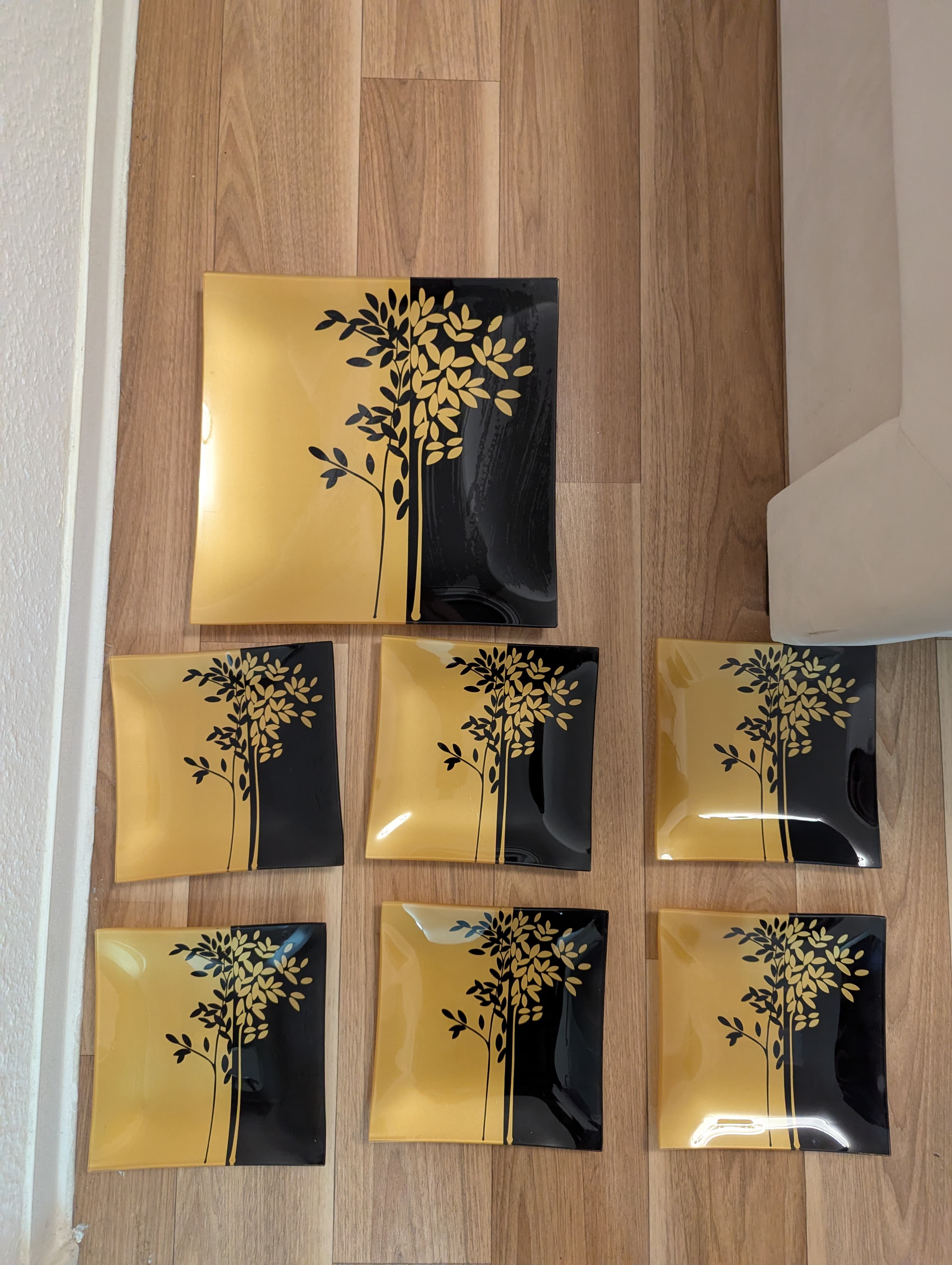 Crystal Glasplatten Set 4-tlg. Schwarz Gold, Quadrat, 30/20cm, Blattmotiv, Gut