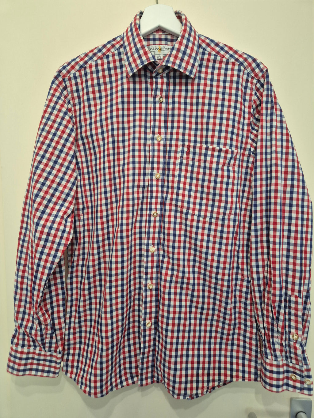 Almsach Trachtenhemd Langarm Baumwolle Karo Rot/Weiß/Blau Gr. S Sehr Gut