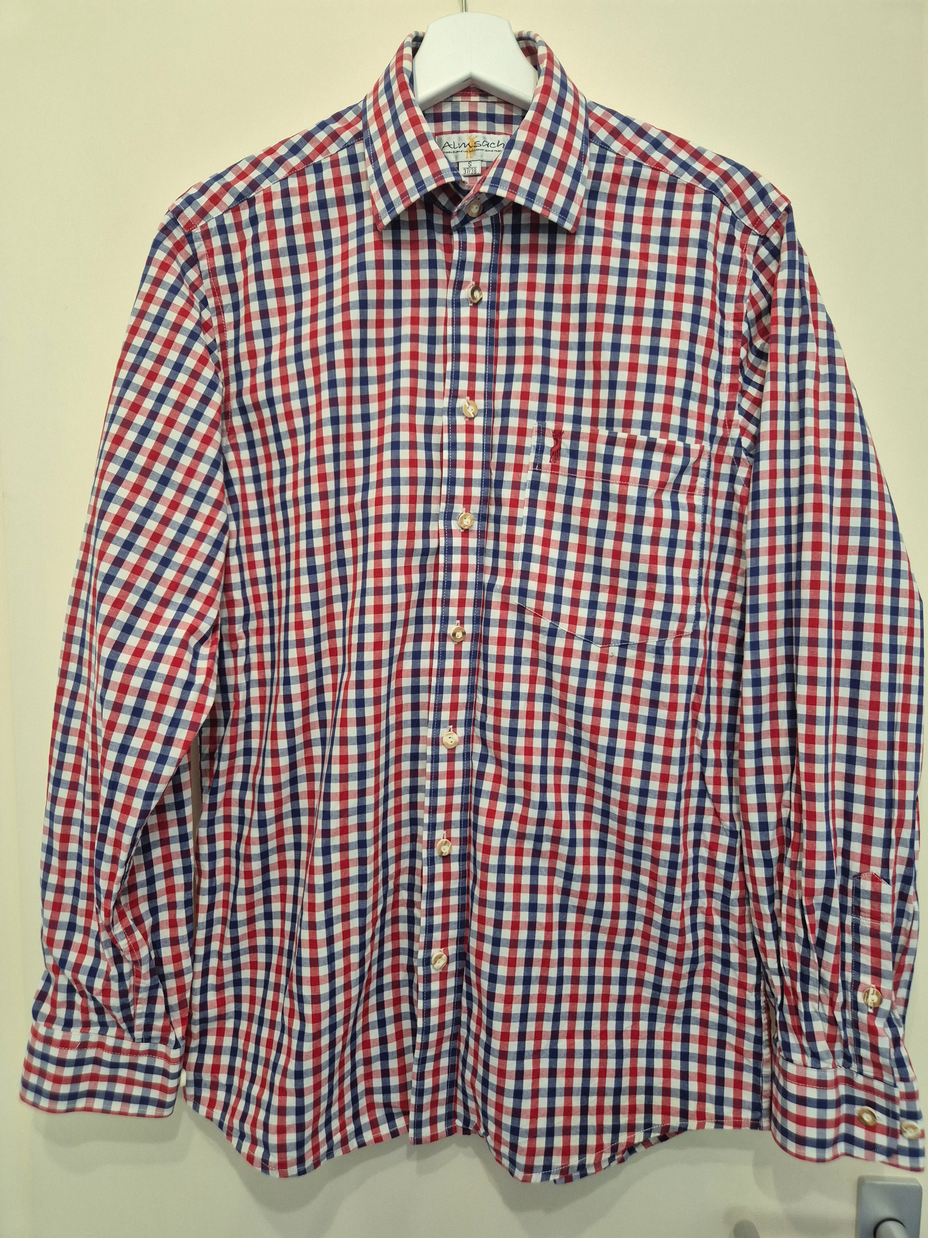 Almsach Trachtenhemd Langarm Baumwolle Karo Rot/Weiß/Blau Gr. S Sehr Gut