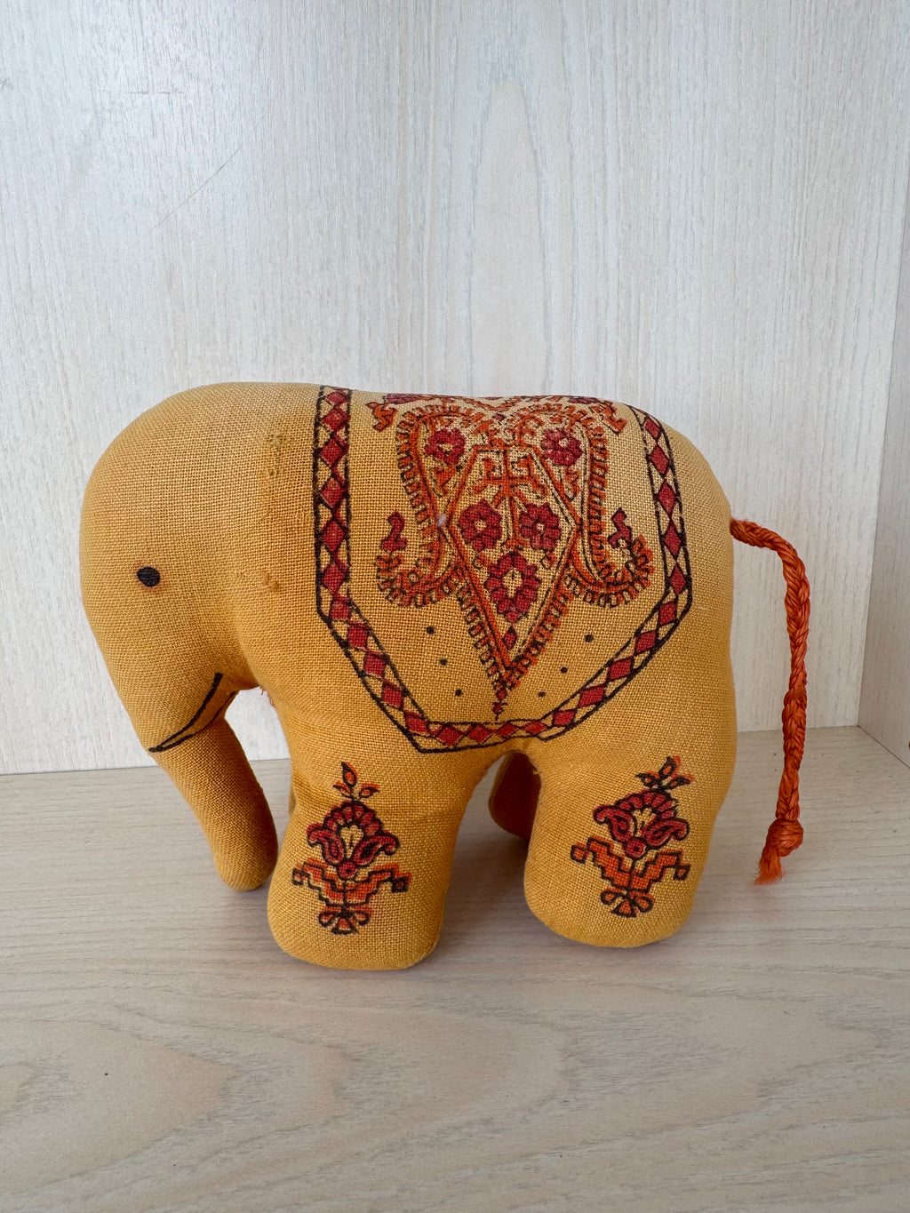 Handcrafted Fabric Elephant Plush Toy, Yellow with Red, 15cm, Good Condition