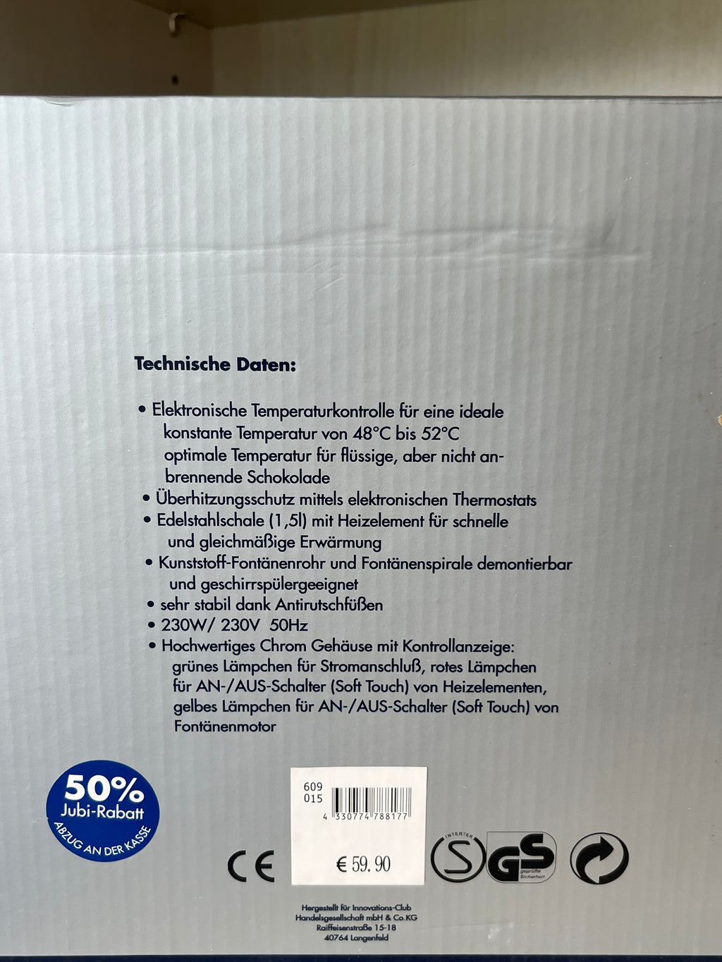 Strauss Home Chocolate Fountain DUE4007S – Edelstahl, Silber, guter Zustand, OVP