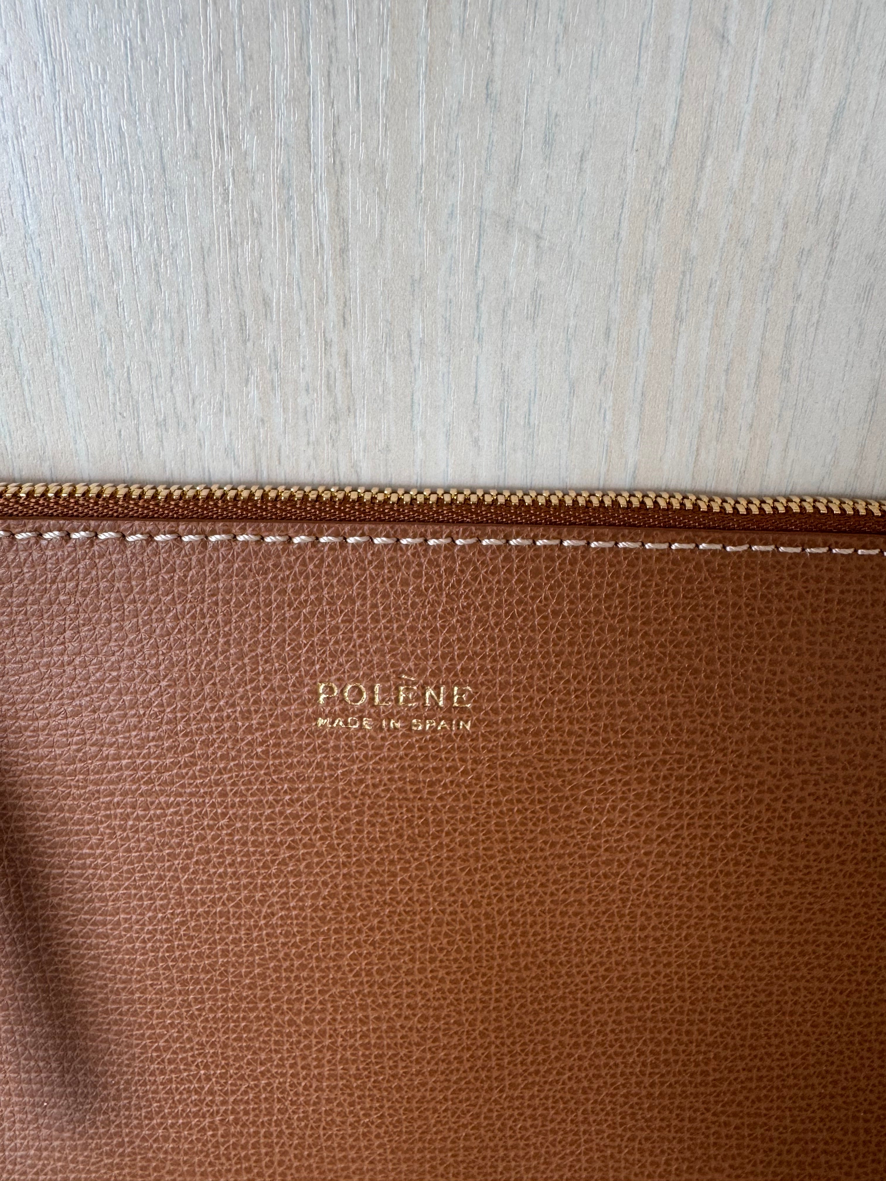 Polène Paris Zip Wallet Pouch, genarbtes Kalbsleder, cognac, guter Zustand