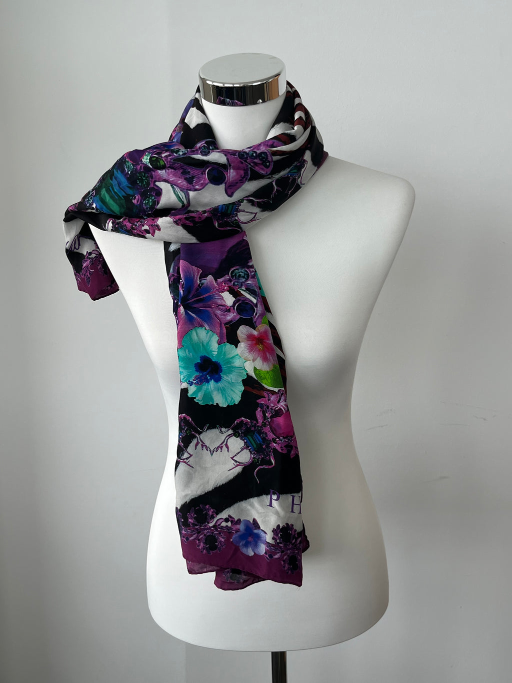 Philipp Plein Silk Scarf Floral Zebra Multicolor 120x120cm Good Condition