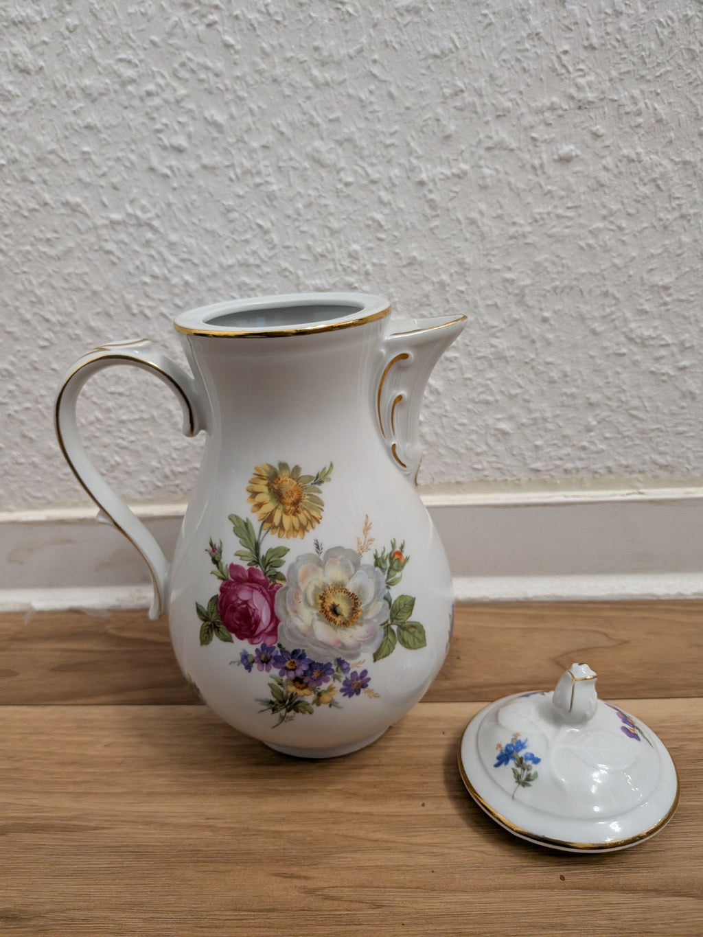 Vintage Tirschenreuth Bavaria Floral Coffee Pot, Gold Trim, 1.2L, Very Good